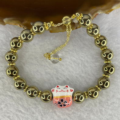 Metal Bracelet With Porcelain Fortune Cat 26.78g 8.2 mm 16 Beads - Huangs Jadeite and Jewelry Pte Ltd