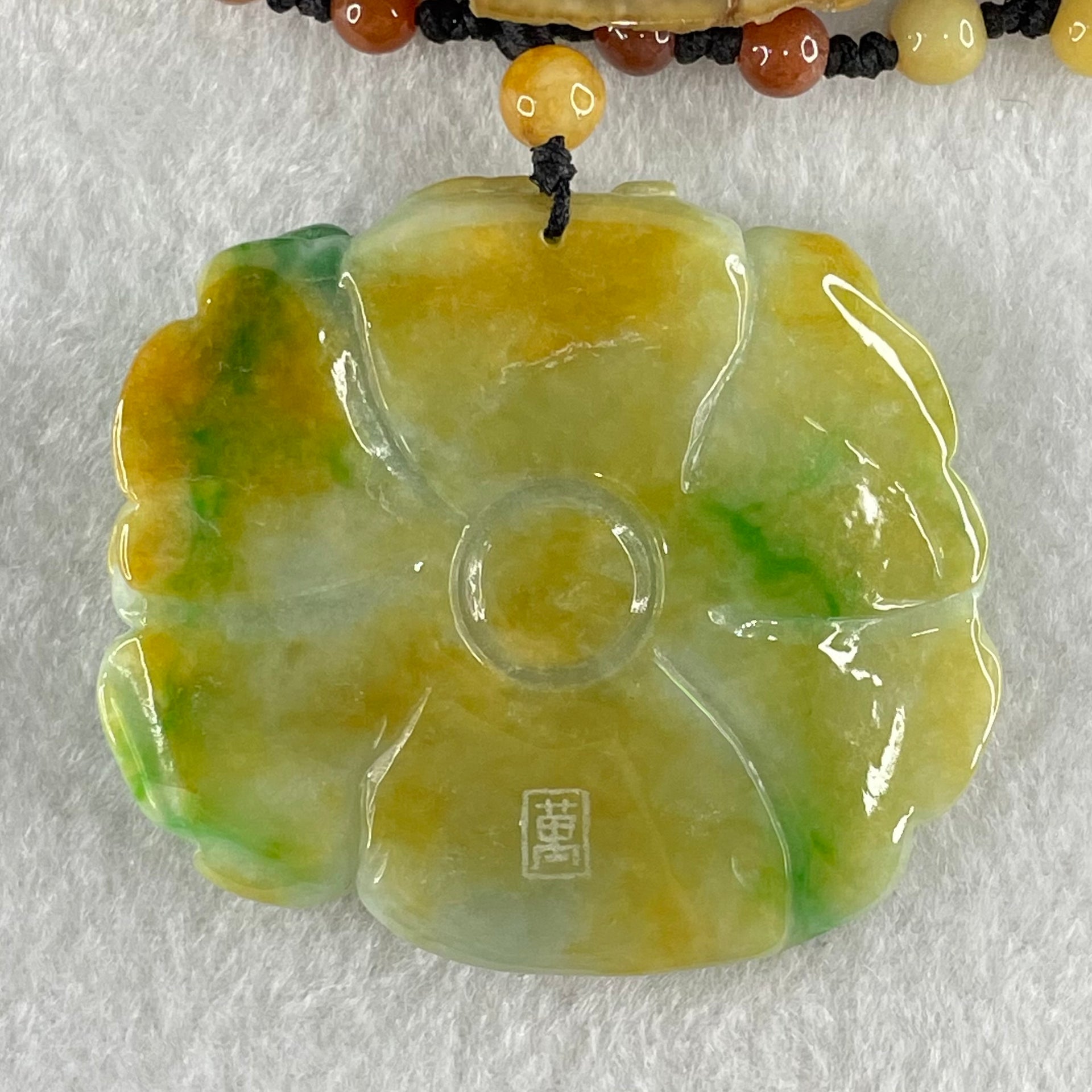 Grandmaster Type A Blueish Green with Green and Yellow Patches Jadeite Three Birds with Flowers Pendant with Beads Necklace 花开富贵 67.26g 60.mm 49.1 by 56.5 by 12.0mm - Huangs Jadeite and Jewelry Pte Ltd