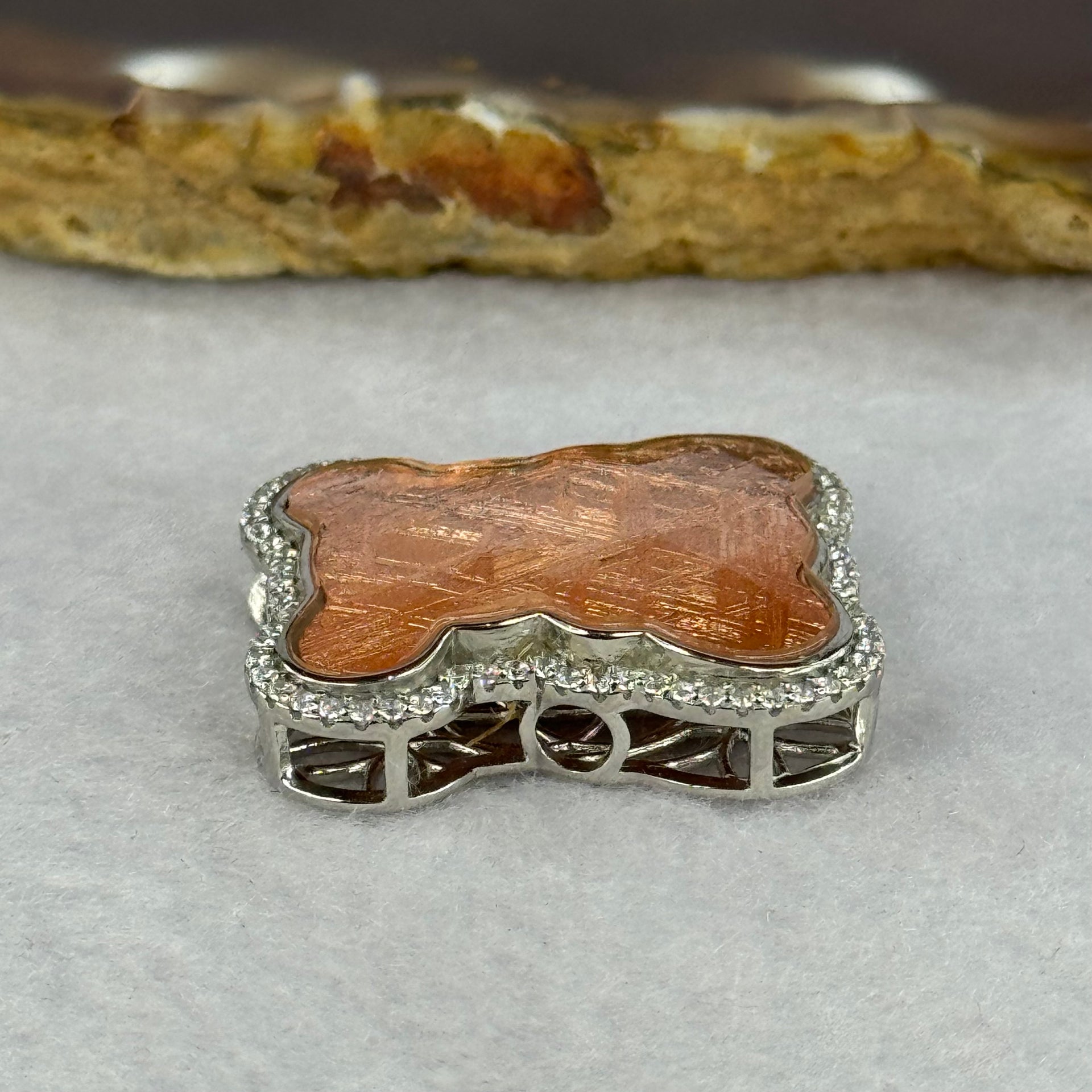 Natural Meteorite Bear Charm in S925 Silver with Crystals For Necklace / Bracelet (Rose Gold Color) 7.47g by 26.2 by 21.4 by 8.4mm - Huangs Jadeite and Jewelry Pte Ltd