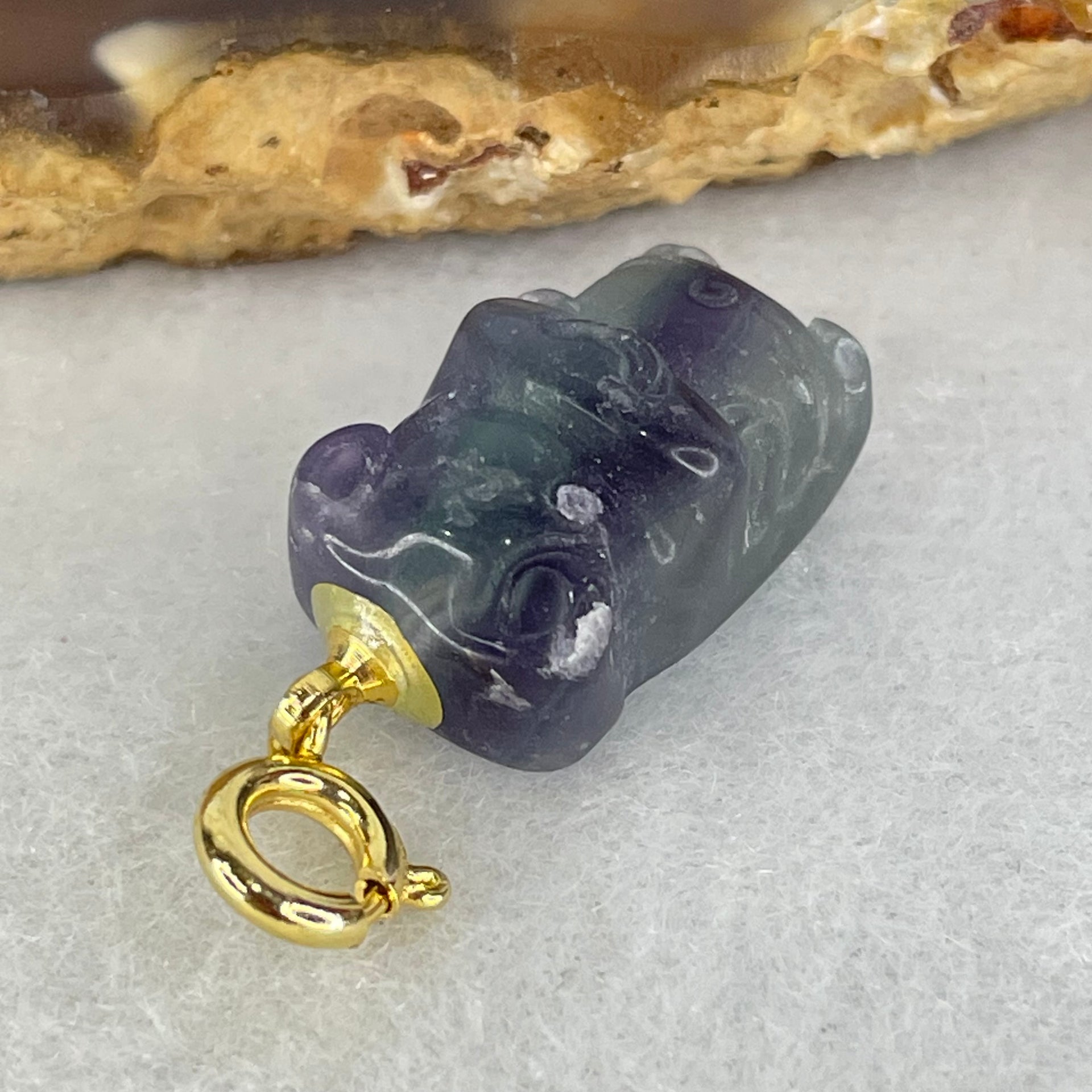 Natural Purple and Green Fluorite Ox Charm Pendant 3.51g 17.2 by 11.0 by 8.6mm - Huangs Jadeite and Jewelry Pte Ltd