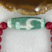 Natural Powerful Tibetan Old Oily Agate 2 Nectar Vessel Dzi Bead Heavenly Master (Tian Zhu) 38.1 by 13.2mm with Natural Red Agate Beads Bracelet 24.23g 15cm 8.0mm 17 Beads - Huangs Jadeite and Jewelry Pte Ltd