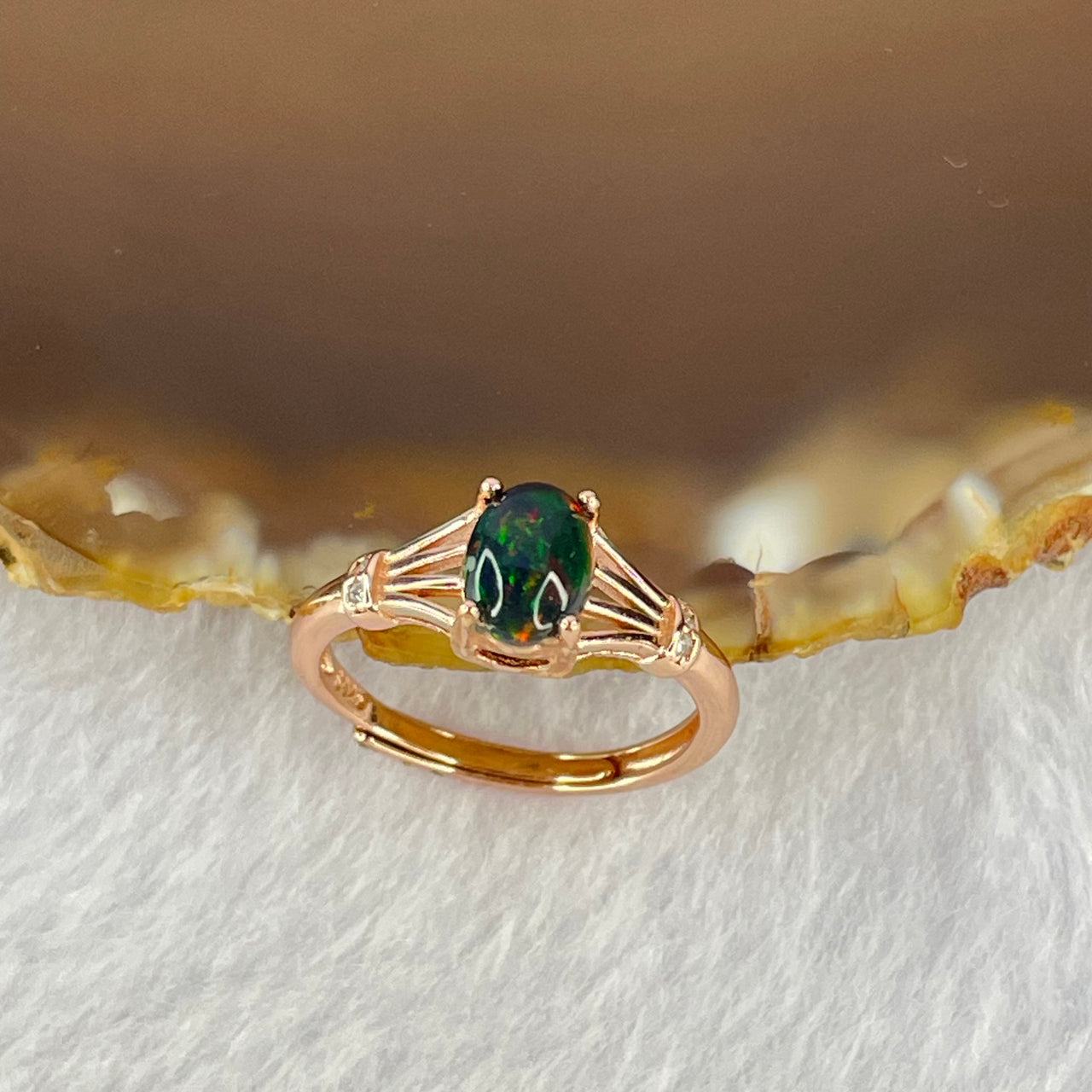 Natural Black Opal with Crystals In S925 Sliver Ring in Rose Gold Color Ring (Adjustable Size) 1.46g 6.6 by 5.0 by 3.4mm - Huangs Jadeite and Jewelry Pte Ltd