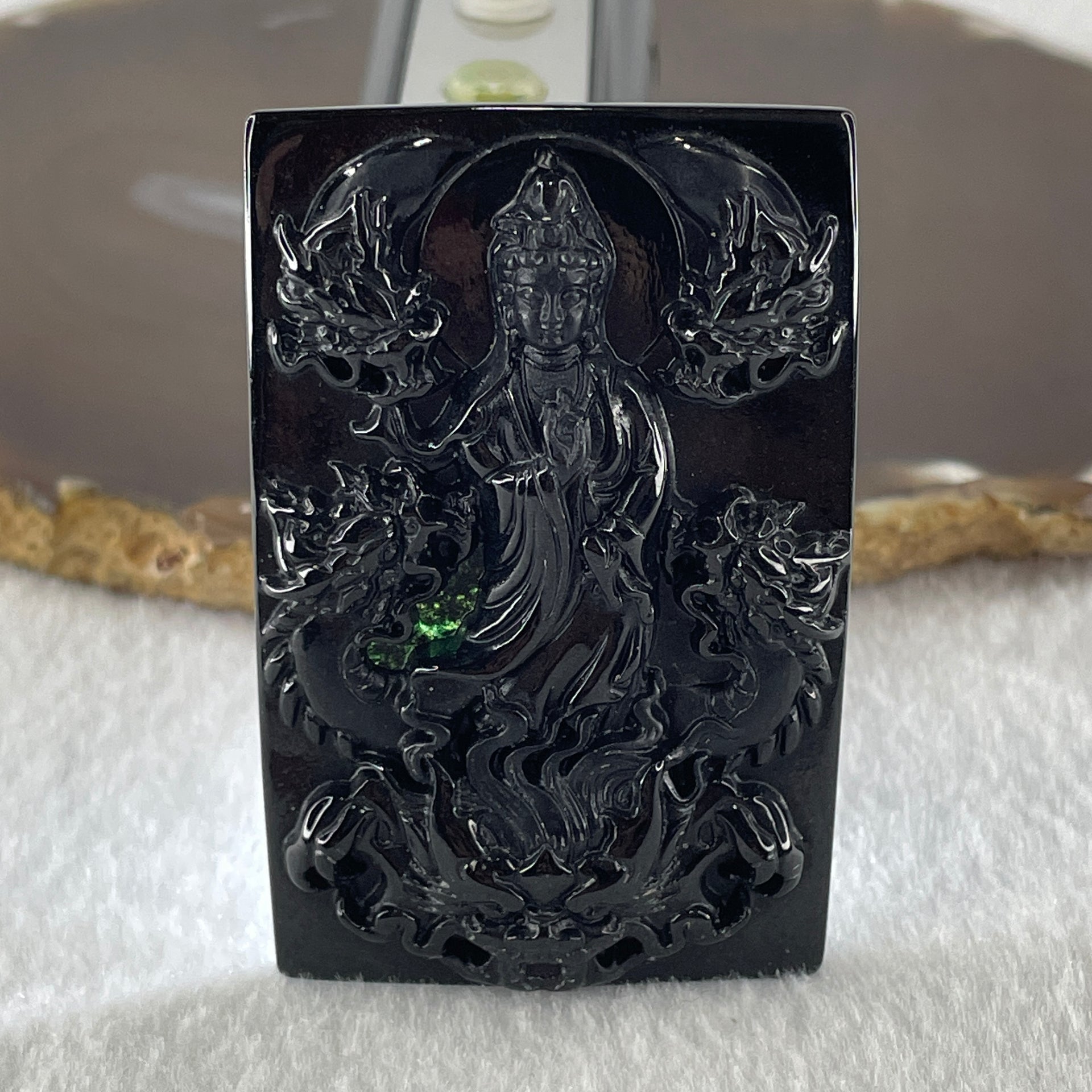 Type A Opaque to Partial Translucent Black Omphacite Jadeite Guan Yin with 5 Dragons Pendant 24.09g 60.5 by 39.6 by 7.8mm - Huangs Jadeite and Jewelry Pte Ltd