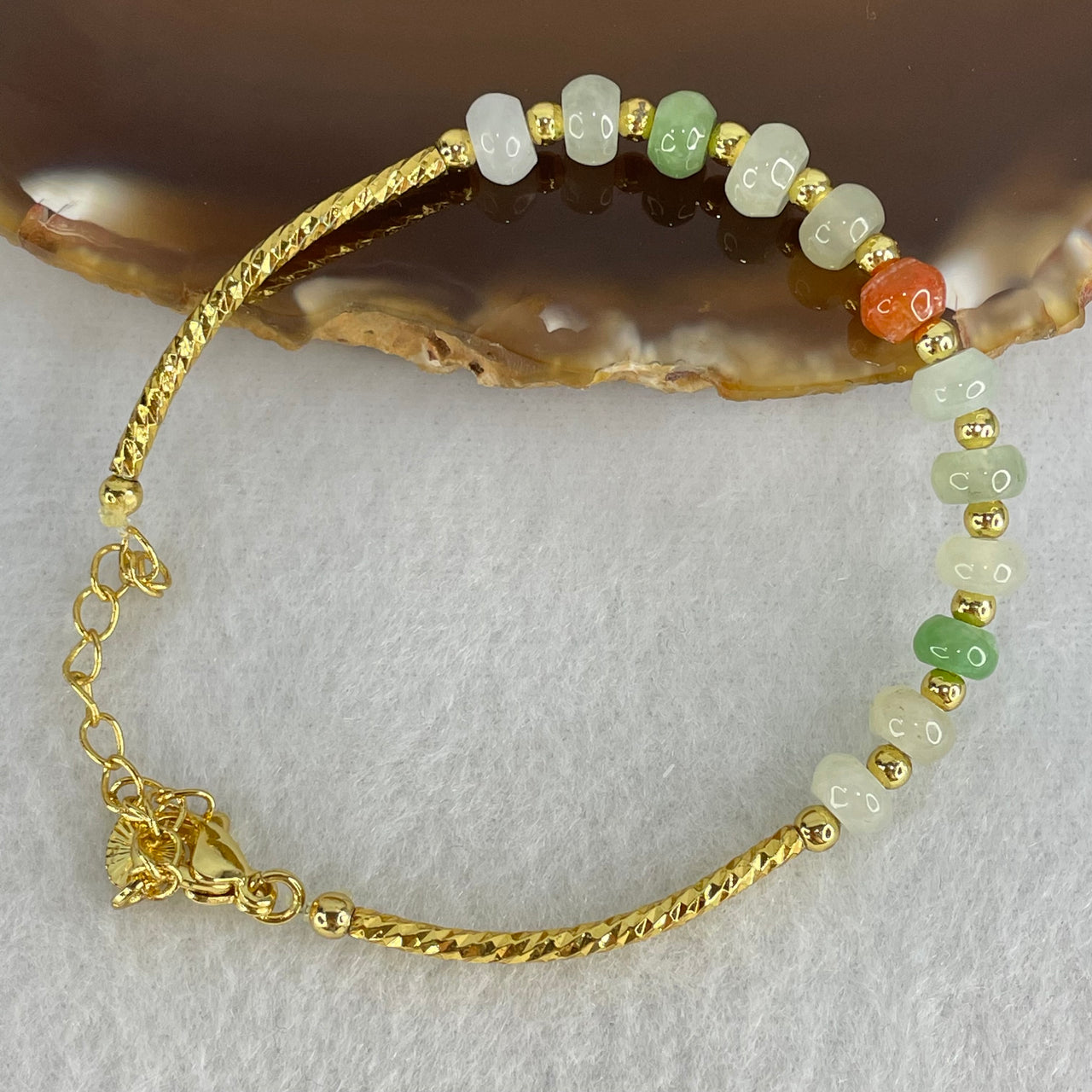 Type A White Green Red Jadeite Mini Donuts with Gold Color Bracelet 5.57g 3.6 by 5.8mm 12pcs - Huangs Jadeite and Jewelry Pte Ltd