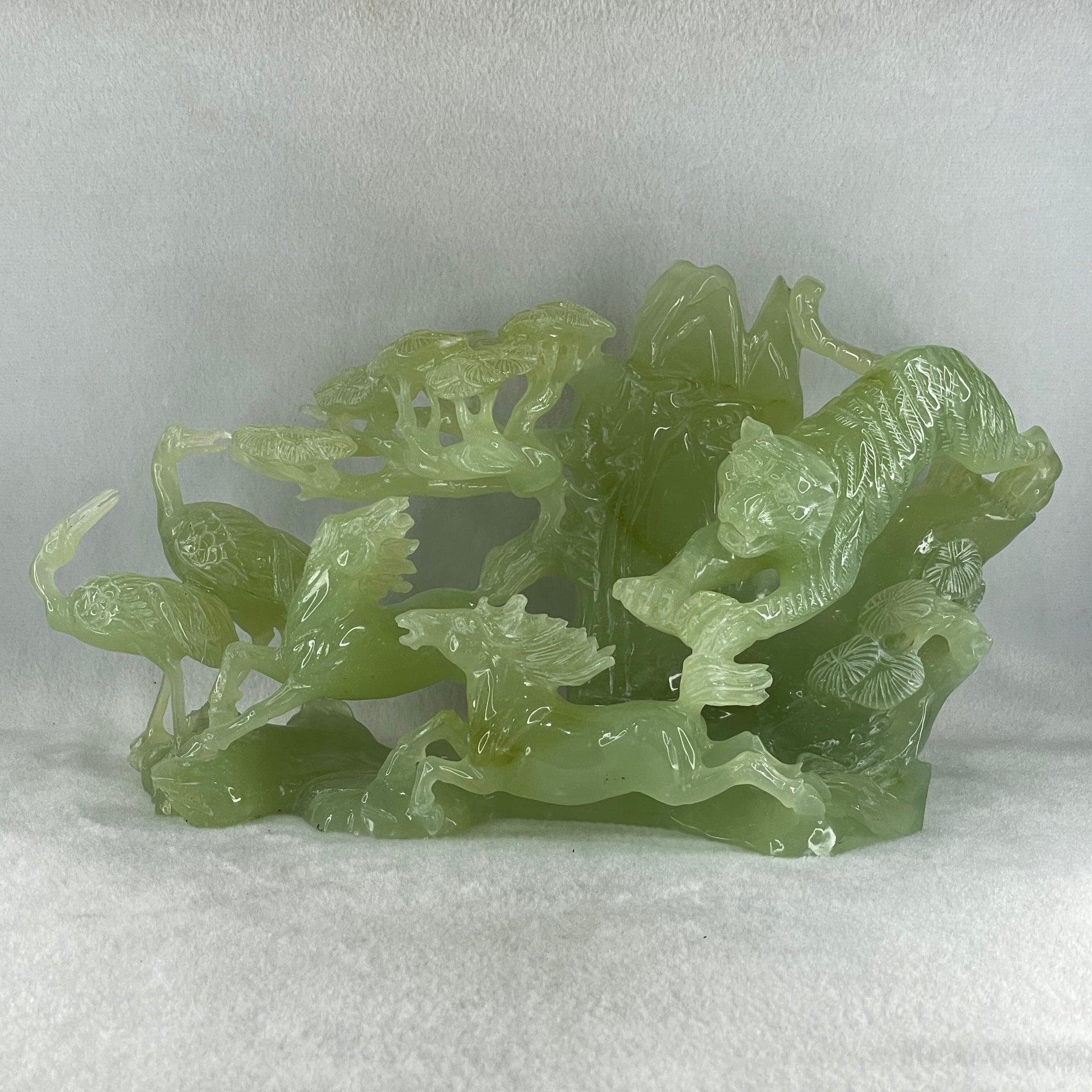 Natural Jelly Green Serpentine Tiger with Double Horse and Twin Flamingo on Shan Shui with Wooden Stand Display 2,362.7g 295.0 by 148.0 by 206.0mm - Huangs Jadeite and Jewelry Pte Ltd