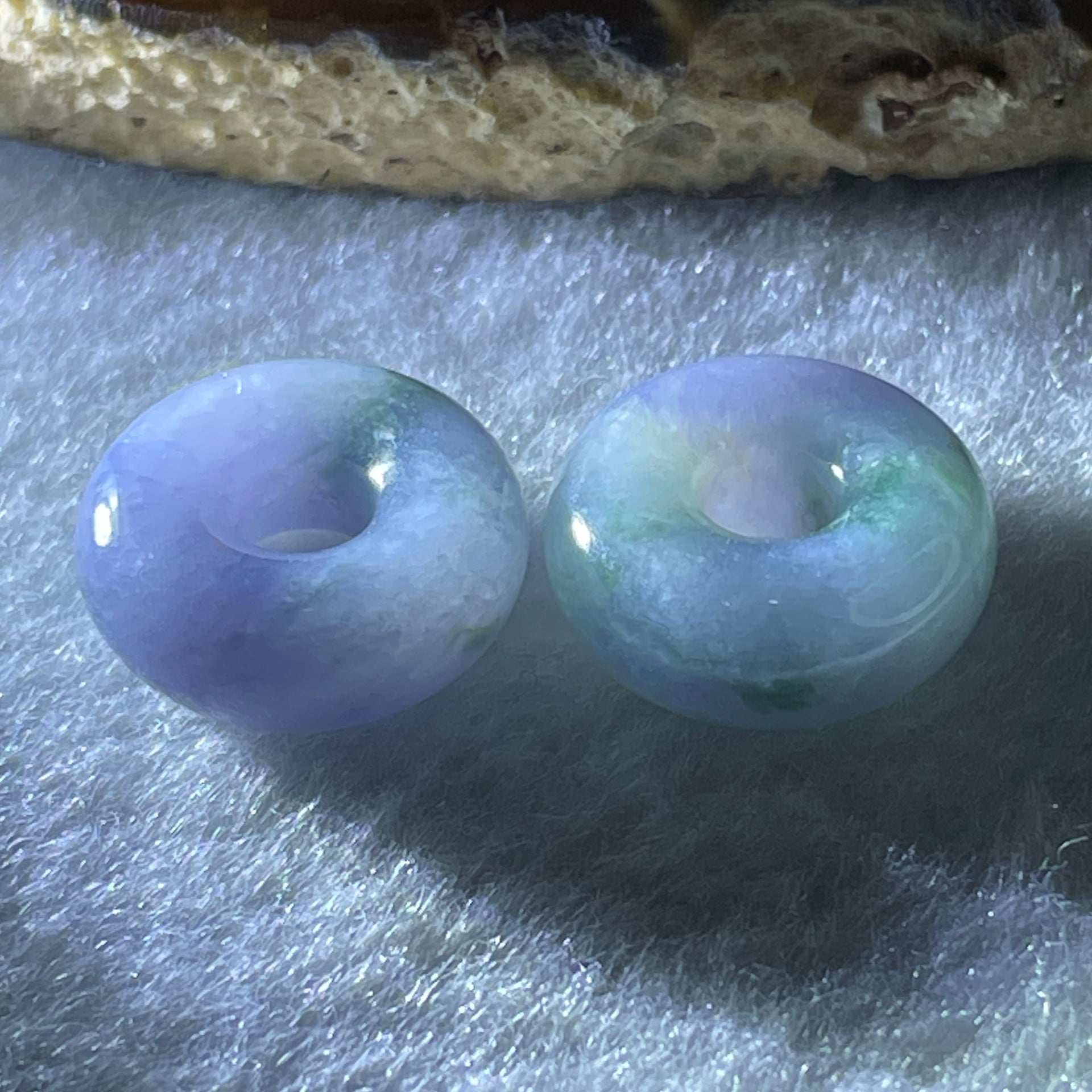 Natural Type A Intense Lavender with Green Piao Hua Jadeite Donut Pair for Setting 5.57g 15.2 by 6.2mm - Huangs Jadeite and Jewelry Pte Ltd