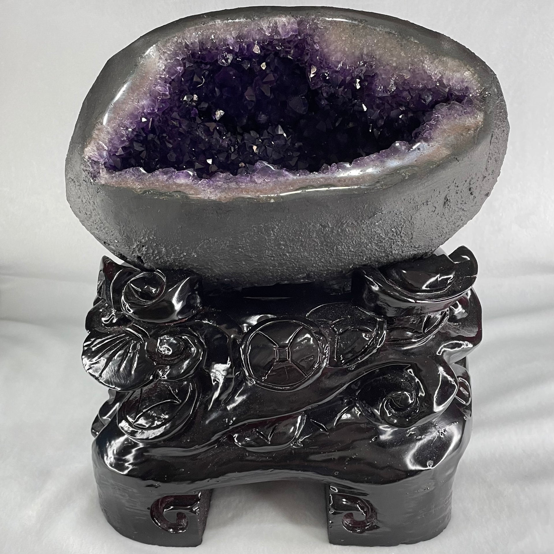 Natural Deep Intense Purple Amethyst Cave with Wooden Stand 5,981.0g 225.0 by 160.0 by 260.0mm - Huangs Jadeite and Jewelry Pte Ltd