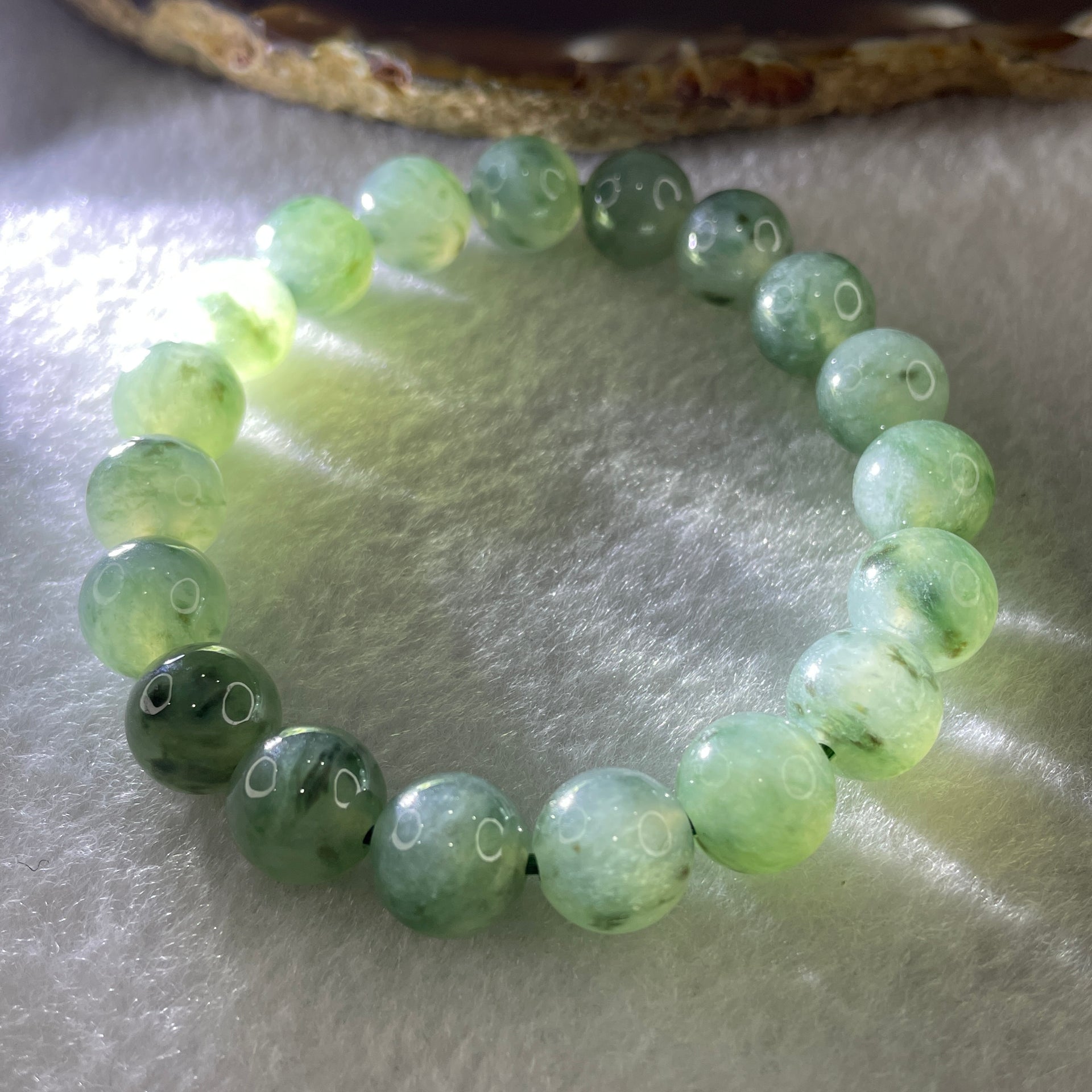 Certified Natural Type A Semi Icy Green with Blueish Green Fluorite Piao Hua Jadeite Beads Bracelet 32.882g 15cm 10.1mm 19Beads Perfect - Huangs Jadeite and Jewelry Pte Ltd