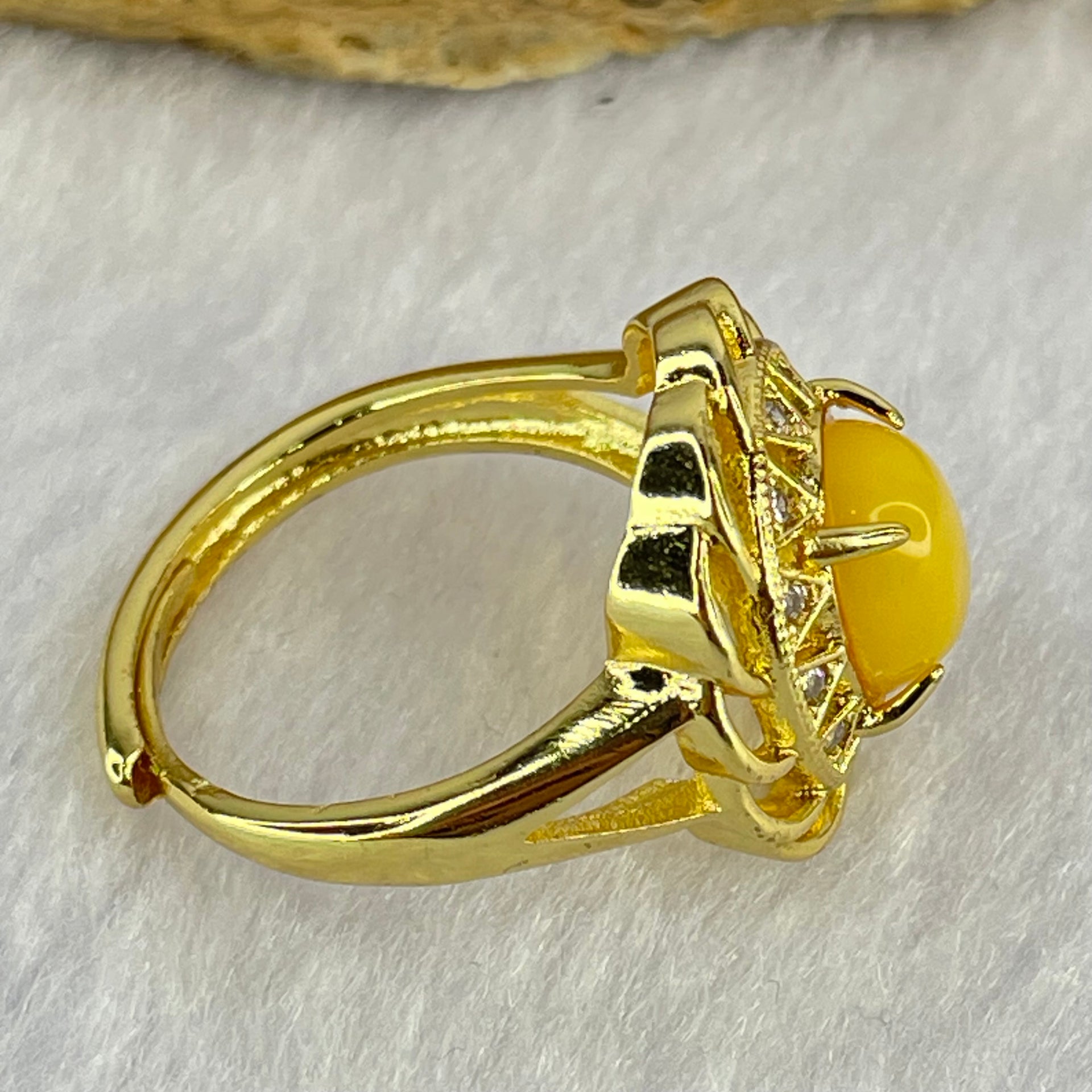 Natural Butterscotch Amber With Crystals in S925 Sliver Gold Color Ring (Adjustable Size) 3.74g 8.9 by 7.2 by 5.0mm - Huangs Jadeite and Jewelry Pte Ltd