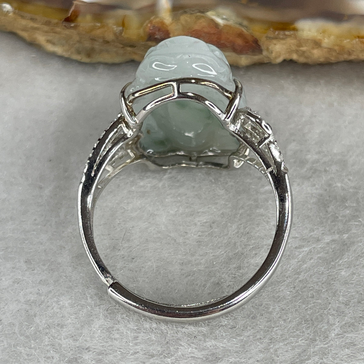 Type A White Jadeite Ring | Ethereal Floating Blueish-Green Flora (Piao Hua) | Master Hand-Carved Prosperity Pixiu | Solid S925 Sterling Silver Setting | Smart Adjustable Sizing (4.77g 18.5x12.7x6.5mm) - Huangs Jadeite and Jewelry Pte Ltd