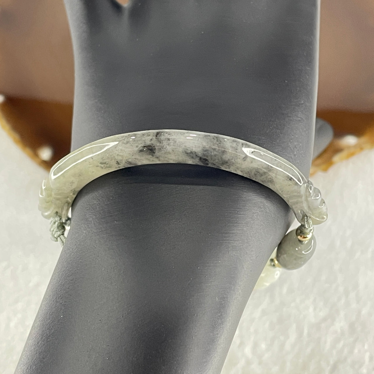 Natural Type A Jelly Wuji Grey Jadeite Double Dragon Head with Lotus Flowers and Butterfly Charm Bracelet 22.46g 4.2 by 8.7mm - Flower 21.1 by 17.2 by 9.7mm