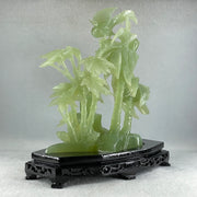 Natural Green Serpentine Double Phoenix with Bamboo Treen and Flower with Wooden Stand Display 1,096.7g 220.0 by 130.0 by 220.0mm - Huangs Jadeite and Jewelry Pte Ltd