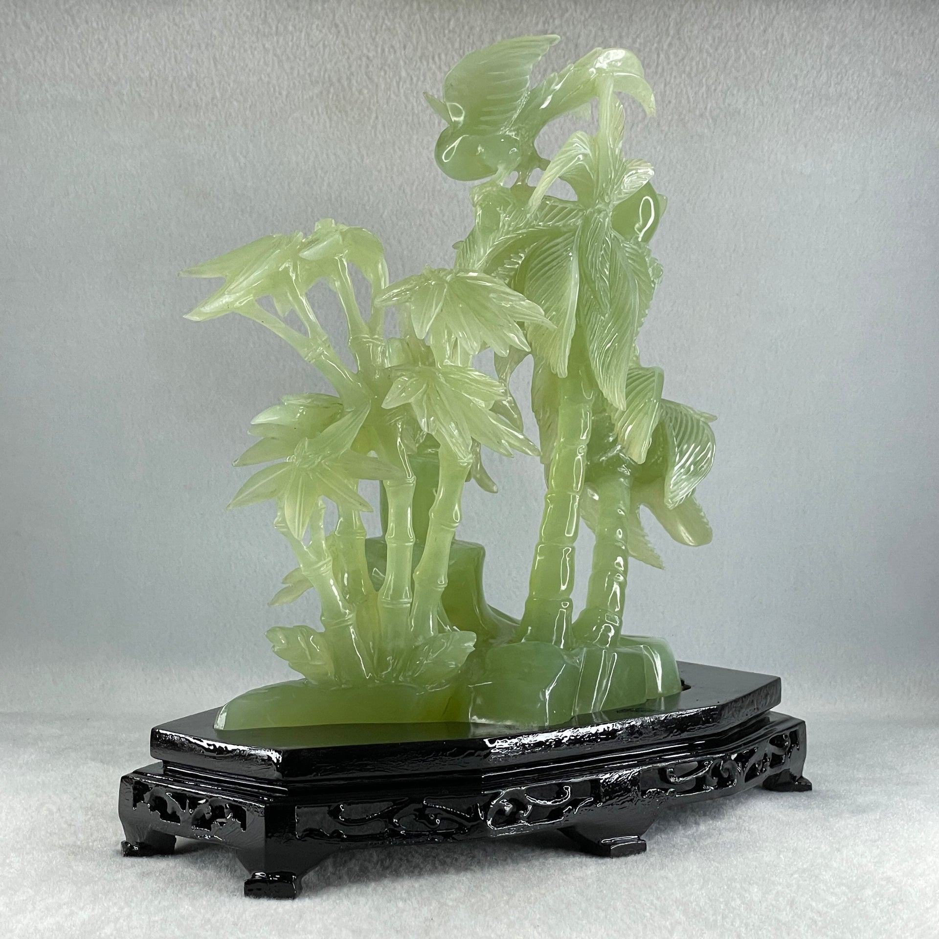 Natural Green Serpentine Double Phoenix with Bamboo Treen and Flower with Wooden Stand Display 1,096.7g 220.0 by 130.0 by 220.0mm - Huangs Jadeite and Jewelry Pte Ltd