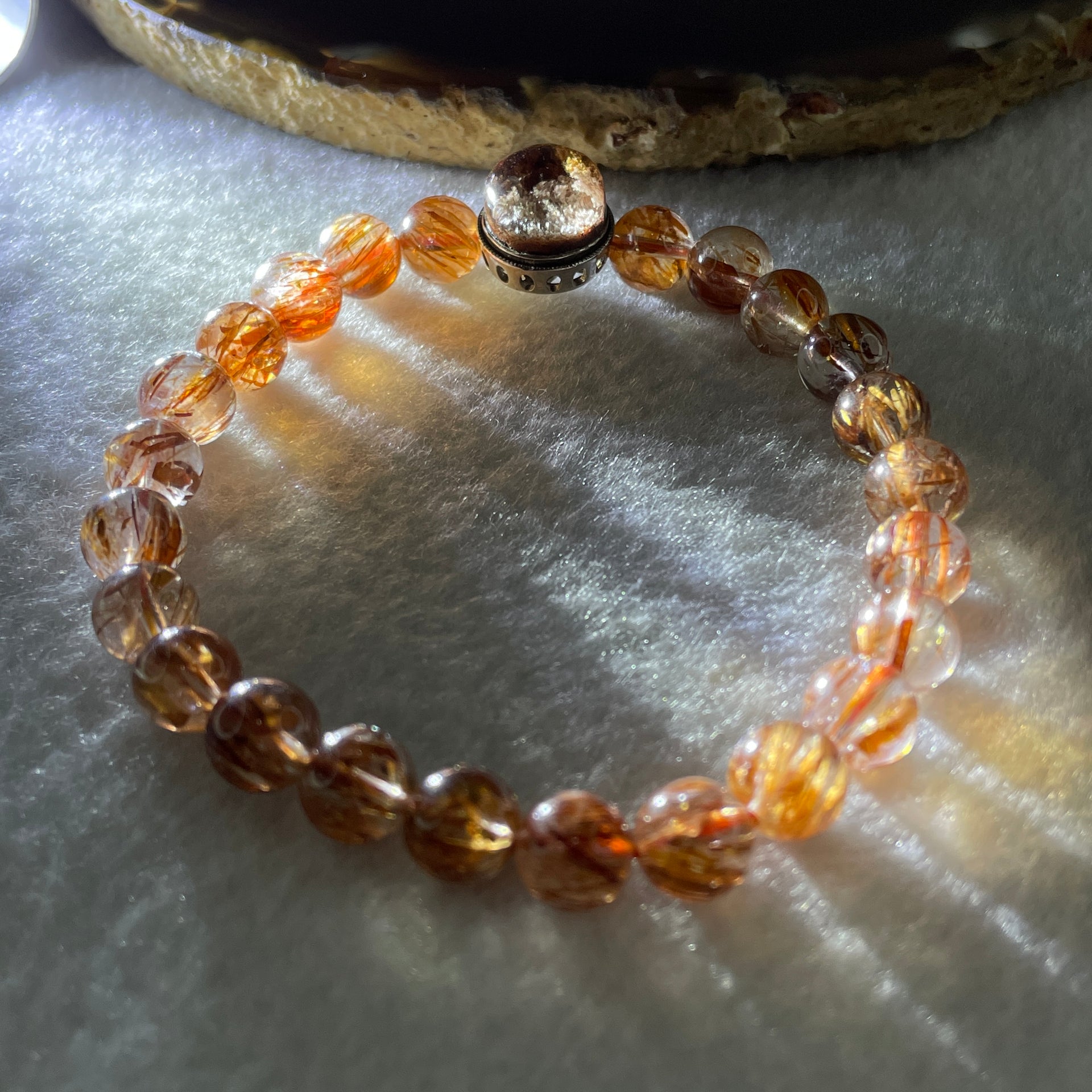 Natural Reddish Copper Rutilated Quartz Beads with Charm Bracelet 17.74g 7.8mm 24 Beads - 10.8 by 6.5mm 1 Charm - Huangs Jadeite and Jewelry Pte Ltd