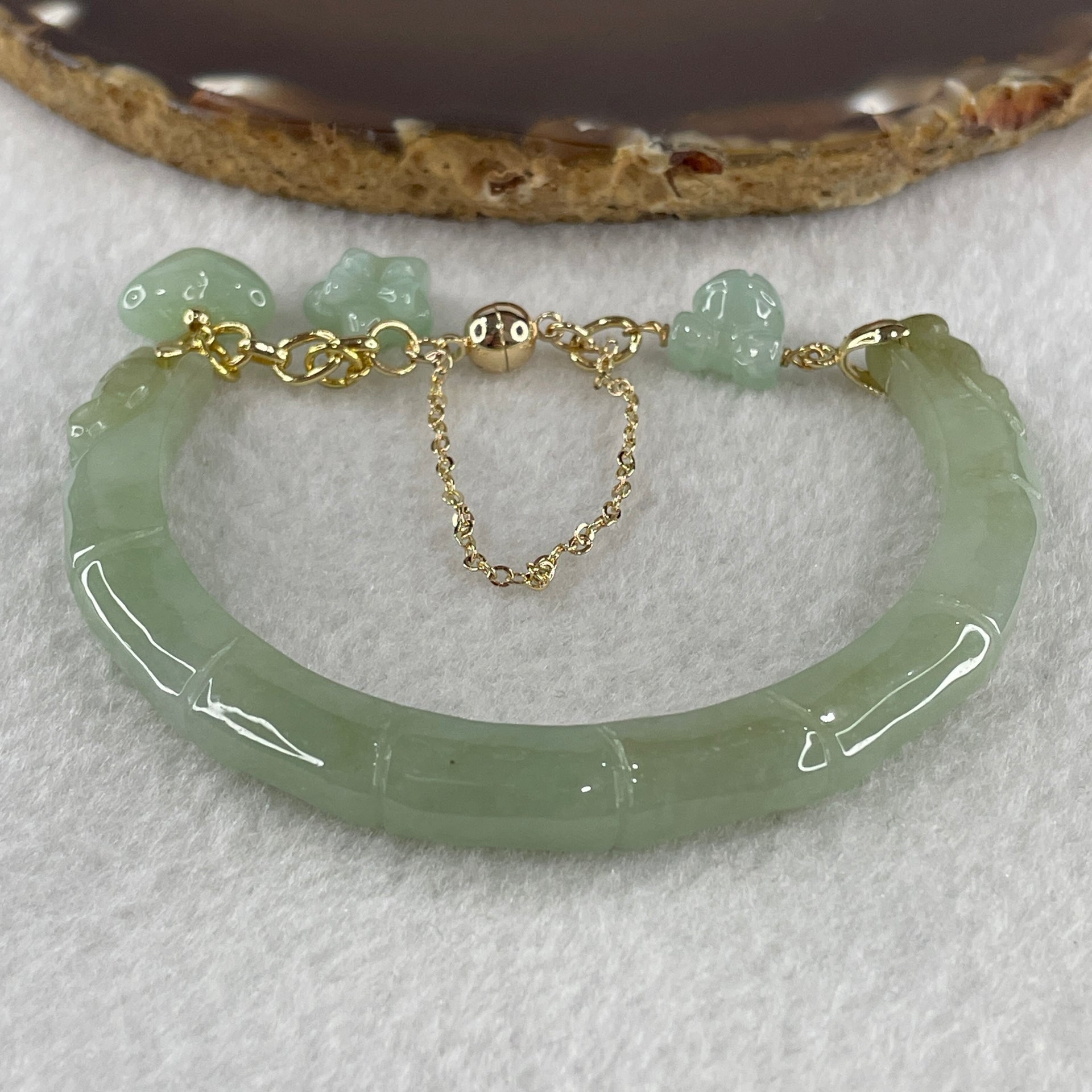 Natural Type A Jelly Light Green with Yellowish Spot Jadeite Bamboo with Double Dragon Head Bracelet 25.94g 17cm 7.2 by 8.2mm - Huangs Jadeite and Jewelry Pte Ltd