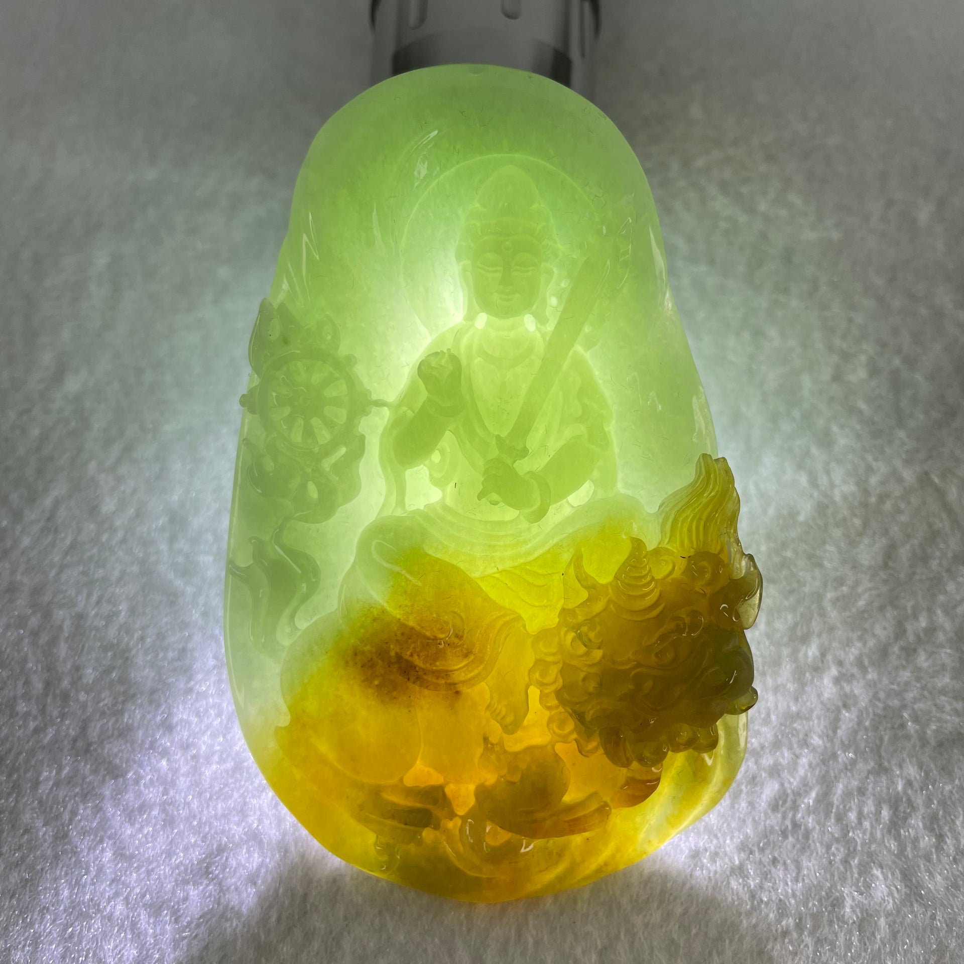 Grand Master Type A Apple Green and Brownish Jadeite Guan Yin Manjusri Bodhisattva Pendant 88.98g 82.5 by 5.3 by 14mm - Huangs Jadeite and Jewelry Pte Ltd