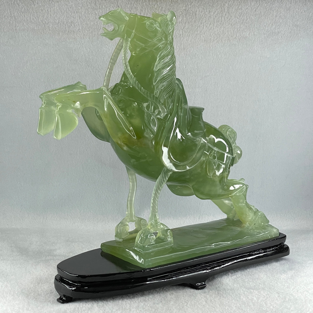 Natural Semi Icy Green Serpentine Victory Horse with Wooden Stand Display 2,644.2g 270.0 by 96.0 by 260.0mm