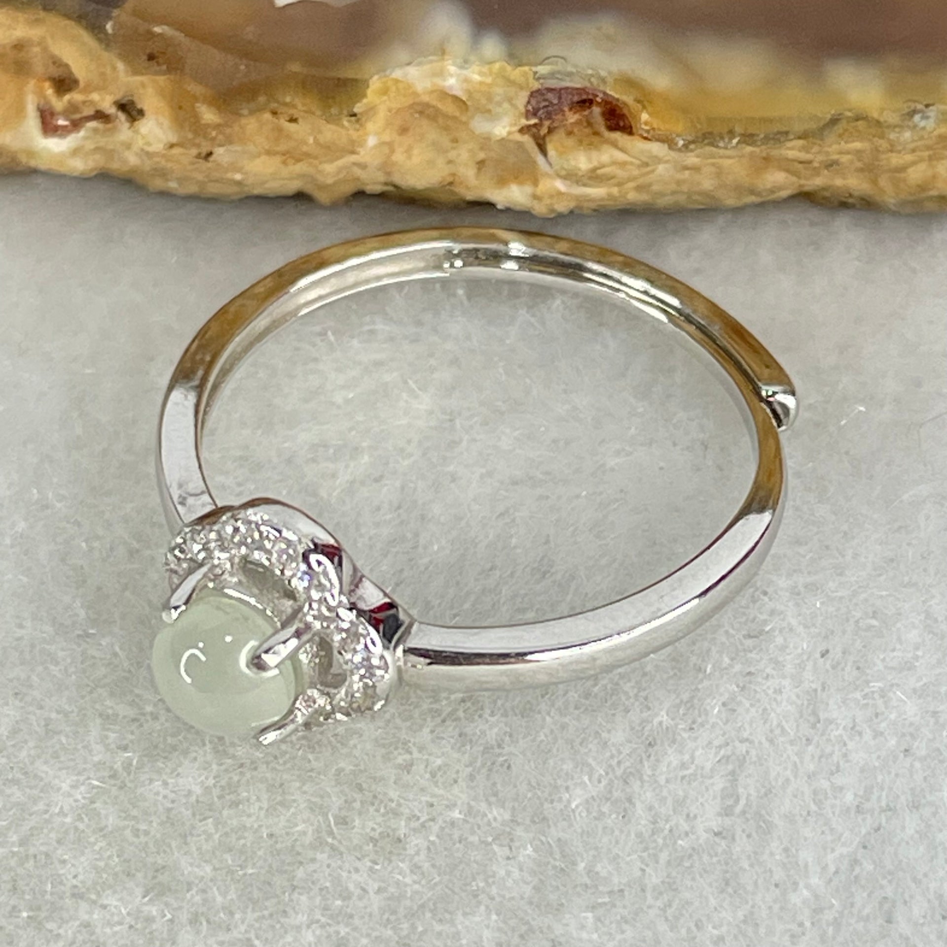 Type A Light Lavender Cabochon Jadeite in S925 Sliver Clover Ring (Adjustable Size) 1.15g 4.4 by 3.5mm - Huangs Jadeite and Jewelry Pte Ltd