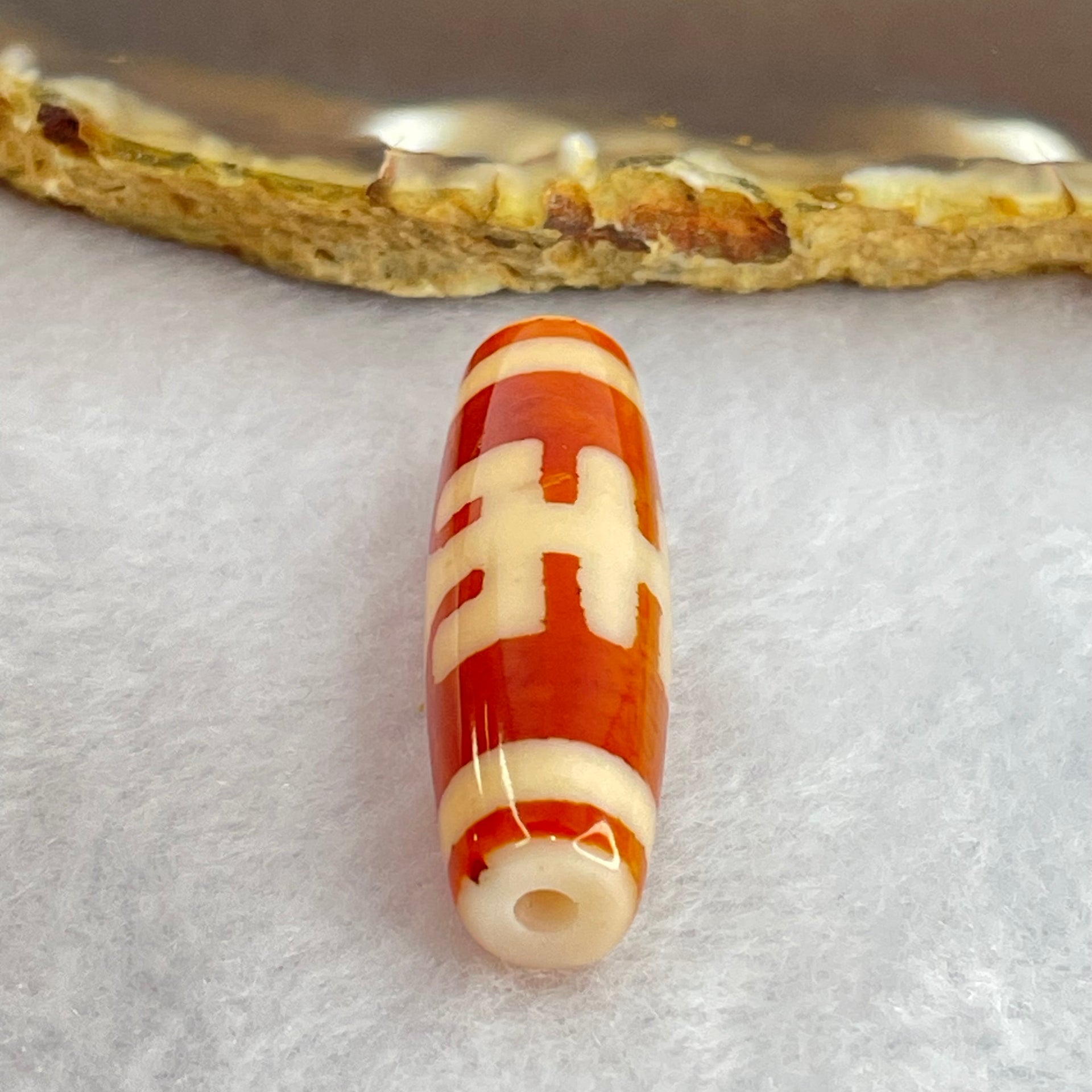 Natural Powerful Tibetan Old Oily Orange Red White Agate Patina Guiren Tairen Human Dzi Bead Totem Amulet Heavenly Master (Tian Zhu) 贵人天诛 7.99g 37.9 by 11.6mm - Huangs Jadeite and Jewelry Pte Ltd