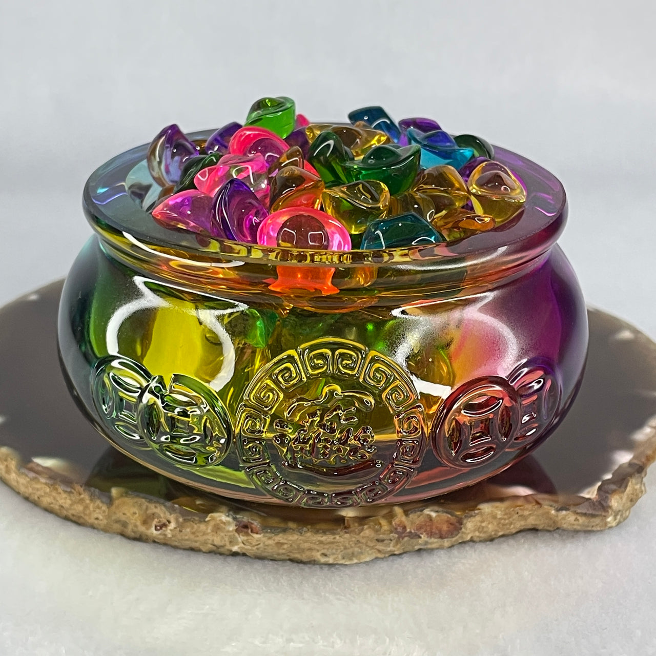 Muti Color Liuli Wealth Pot with Ingot Yuan Bao Display Total Weight 638.93g 101.0 by 51.0mm - Huangs Jadeite and Jewelry Pte Ltd