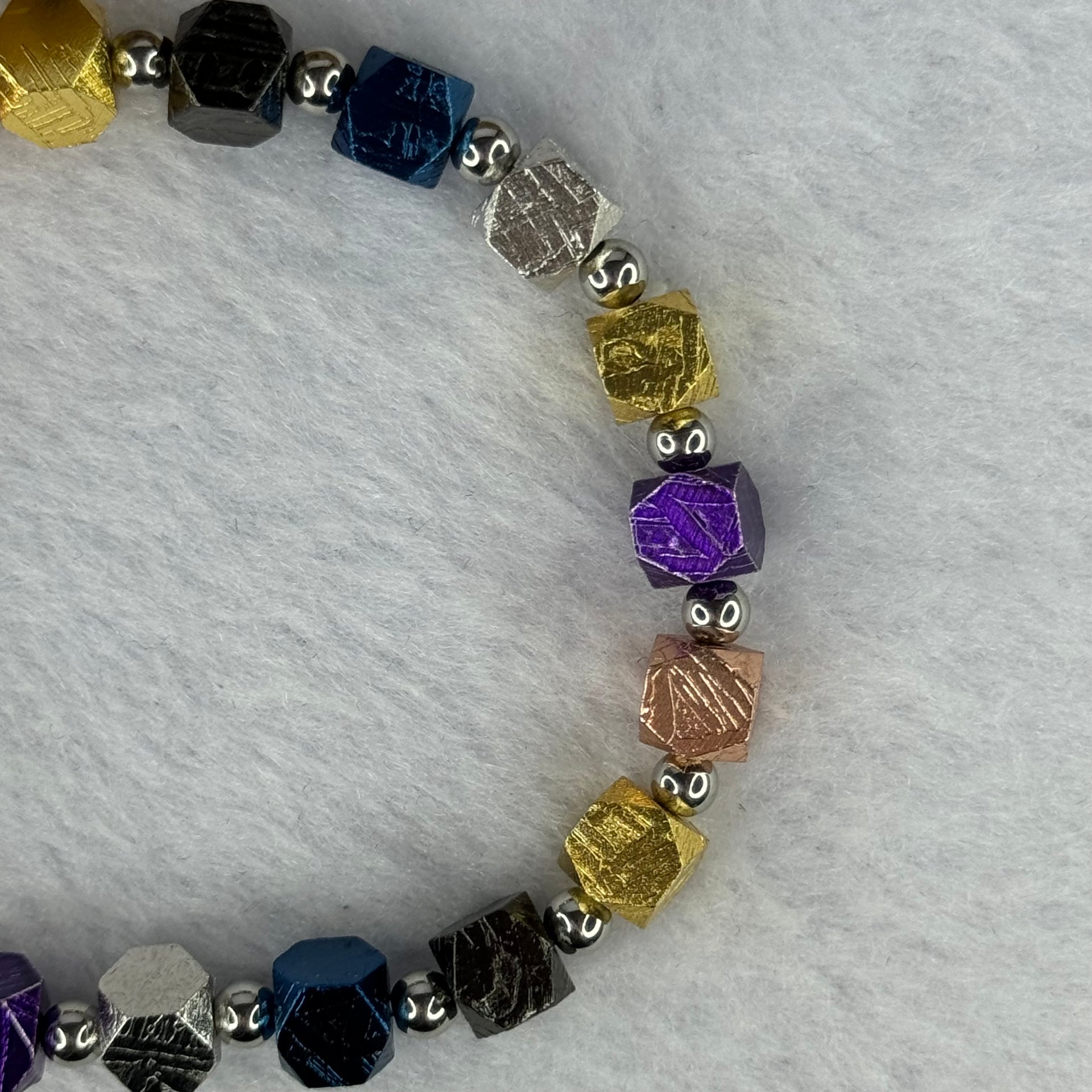 Natural Meteorite in Multi Color Blocks with Mini Stainless Steel Beads Bracelet 天然天铁手链 36.39g 16cm 6.4mm 19 pcs - Huangs Jadeite and Jewelry Pte Ltd