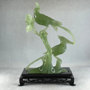 Natural Green Serpentine Double Phoenix on Tree with Wooden Stand Display 561.4g 165.0 by 246.0 by 102.0mm - Huangs Jadeite and Jewelry Pte Ltd