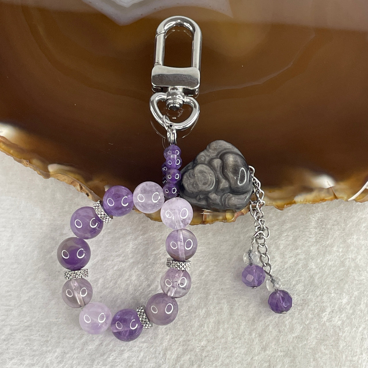 Natural Amethyst Beads & Black Obsidian Milo Buddha Keychain | Silver Accents | 11-Piece Deep Violet Bead Strand | Sacred "Laughing Buddha" Ultimate Wealth, Protection & Joy Talisman (23.19g, 19.6x19.7x9.0mm)