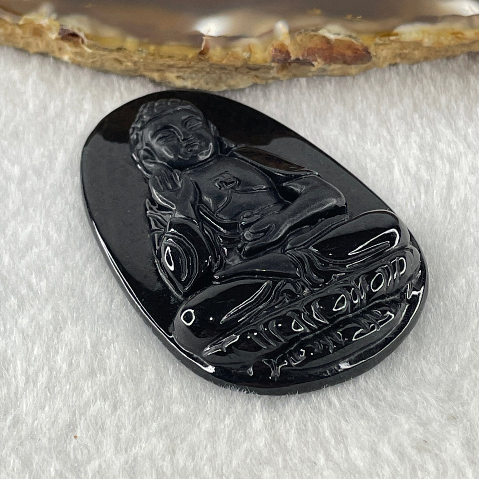Type A Opaque to Partial Translucent Black Omphacite Jadeite Amitabha Buddha Pendant Dog and Boar Pig Zodiac Guardian 15.85g 51.9 by 33.2 by 7.6mm - Huangs Jadeite and Jewelry Pte Ltd