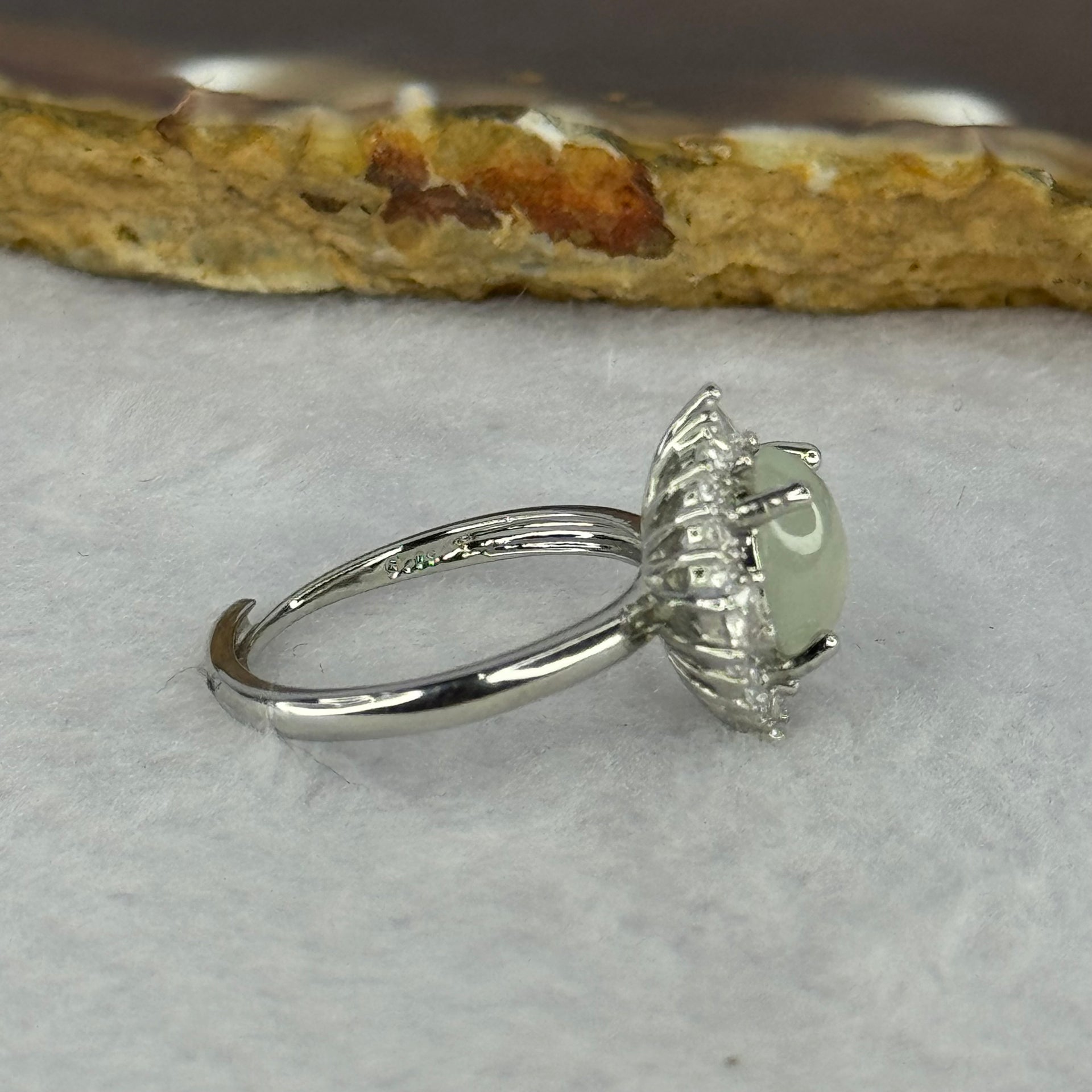 Type A Semi Icy Light Green Jadeite with Crystals in S925 Sliver Ring (Adjustable Size) 2.68g 8.7 by 6.7 by 3.5mm - Huangs Jadeite and Jewelry Pte Ltd