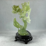Natural Semi Icy Green Serpentine Double Magpie Birds on Flower Tree with Wooden Stand Display 641.5g 210.0 by 220.0 by 112.0mm - Huangs Jadeite and Jewelry Pte Ltd