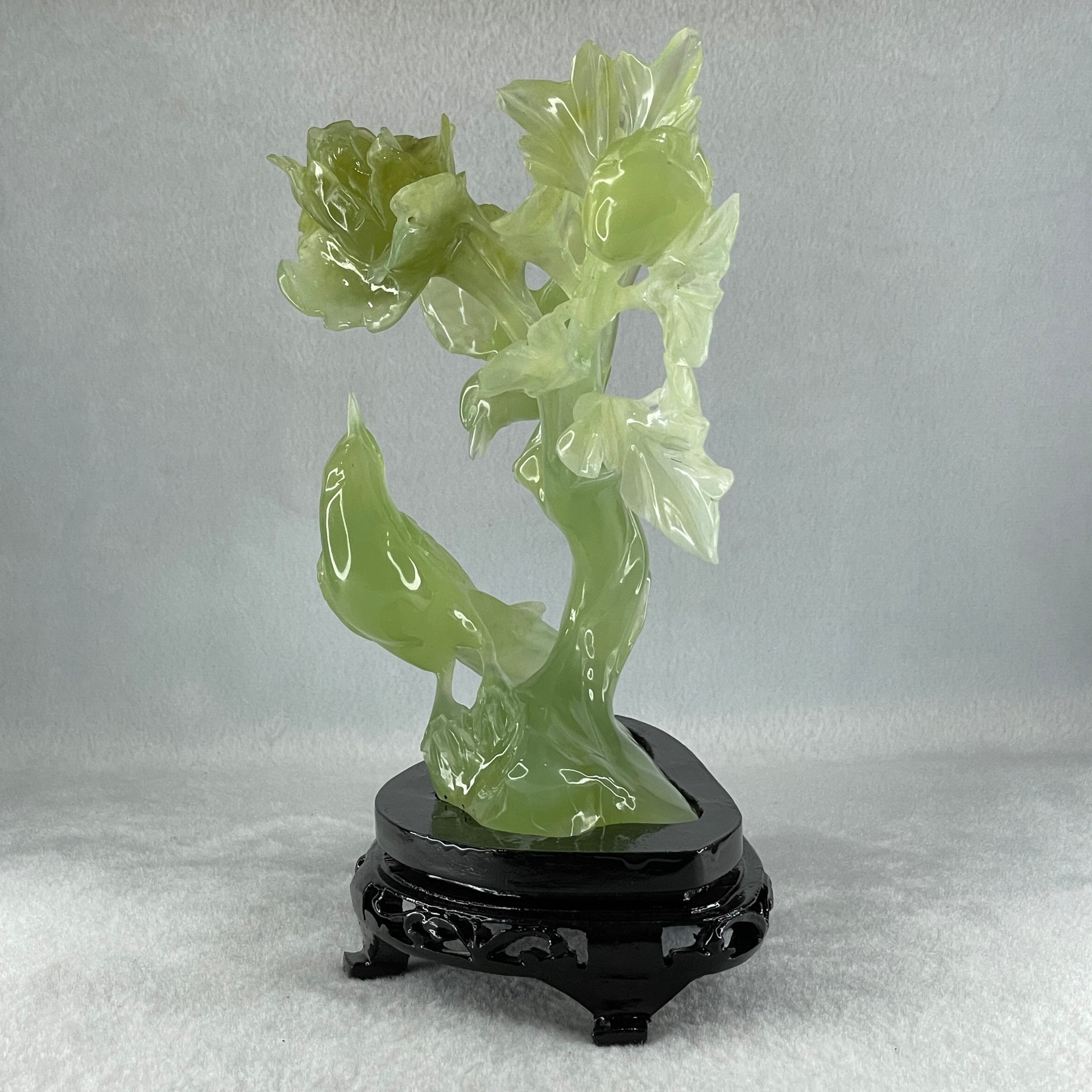 Natural Semi Icy Green Serpentine Double Magpie Birds on Flower Tree with Wooden Stand Display 641.5g 210.0 by 220.0 by 112.0mm - Huangs Jadeite and Jewelry Pte Ltd
