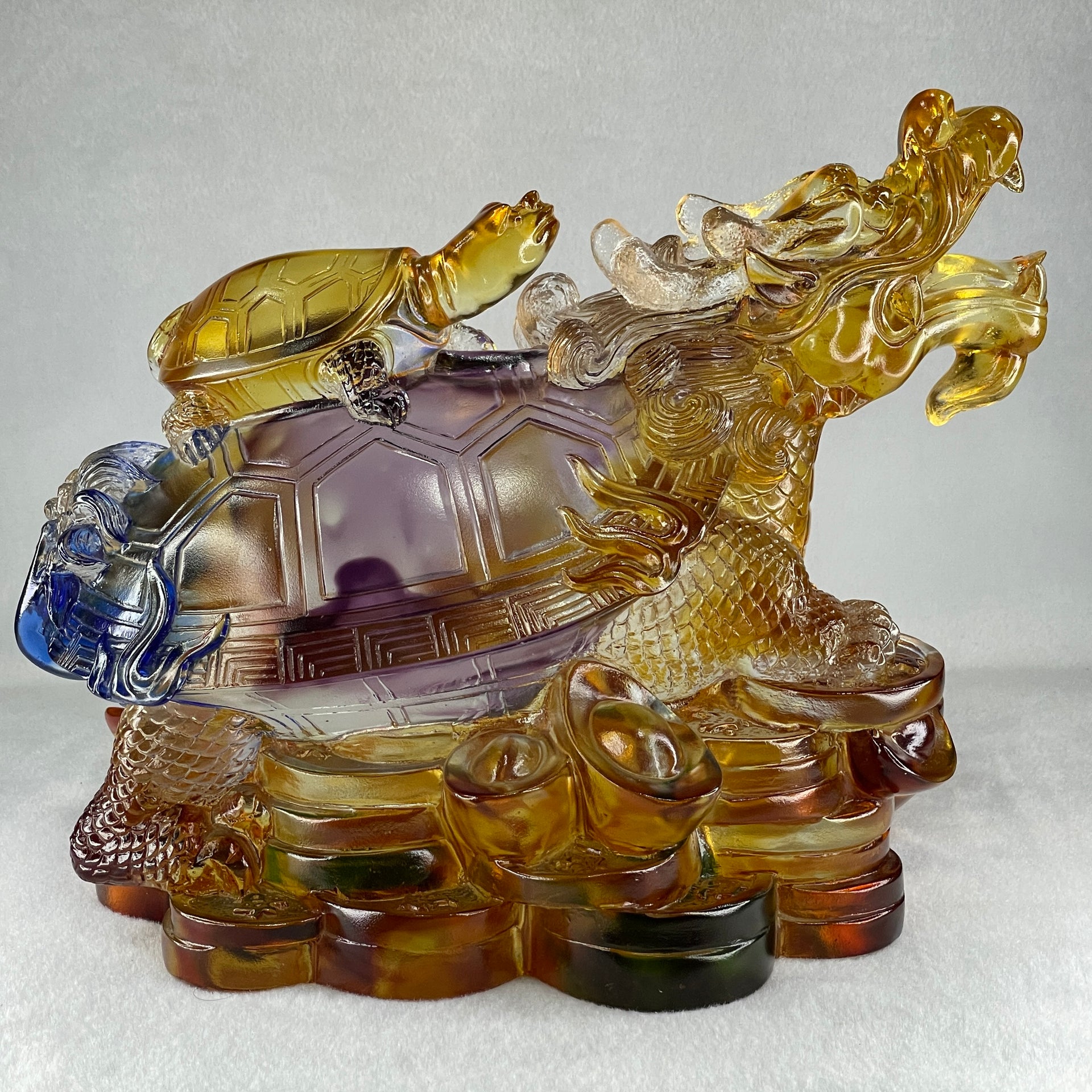 Liuli Orange Blue Dragon Turtle with Baby Turtle on Treasures Display 9,428.2g 270.0 by 185.0 by 210.0mm - Huangs Jadeite and Jewelry Pte Ltd