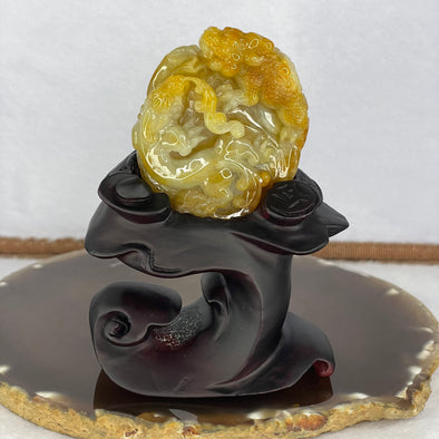 Grand Master Type A Yellow Jadeite 3 Legged Toad and Pixiu on Money Bag Display 87.74g 54.2 by 48.2 by 22.8mm with Wooden Stand - Huangs Jadeite and Jewelry Pte Ltd