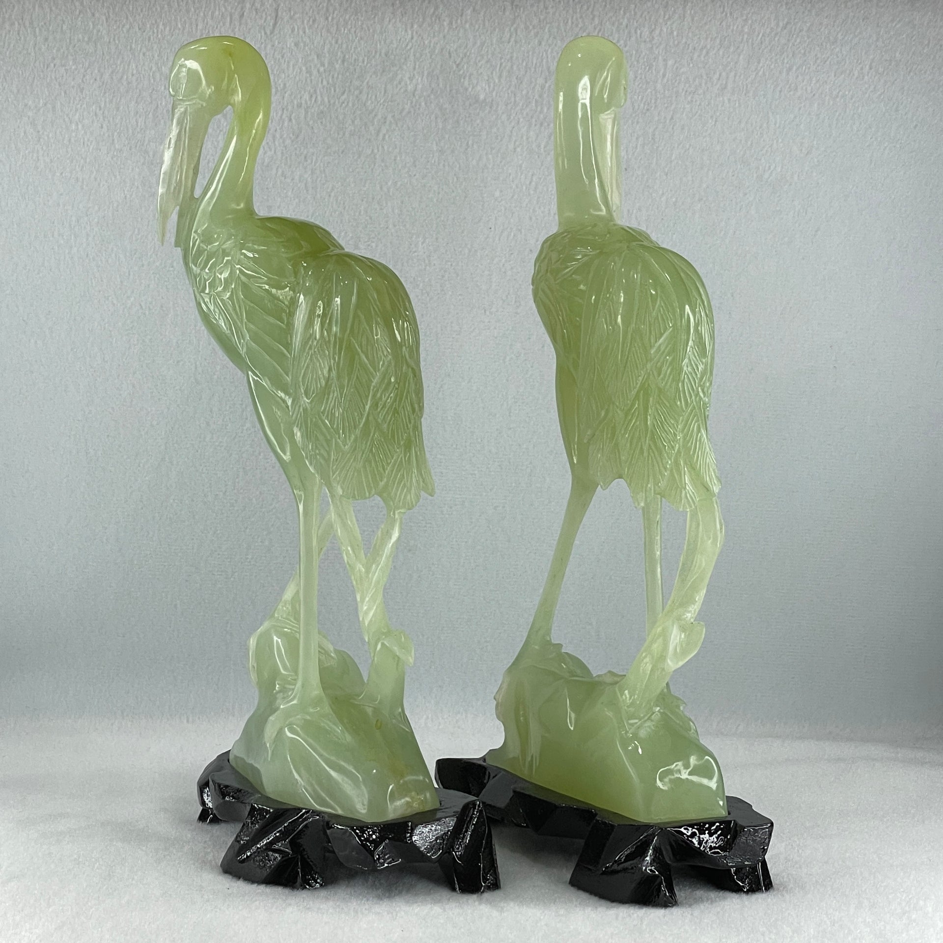 Natural Light Green Serpentine Pair of Cranes Bird with Wooden Stand Display 1,231.1g Each about 135.0 by 60.0 by 240.0mm - Huangs Jadeite and Jewelry Pte Ltd