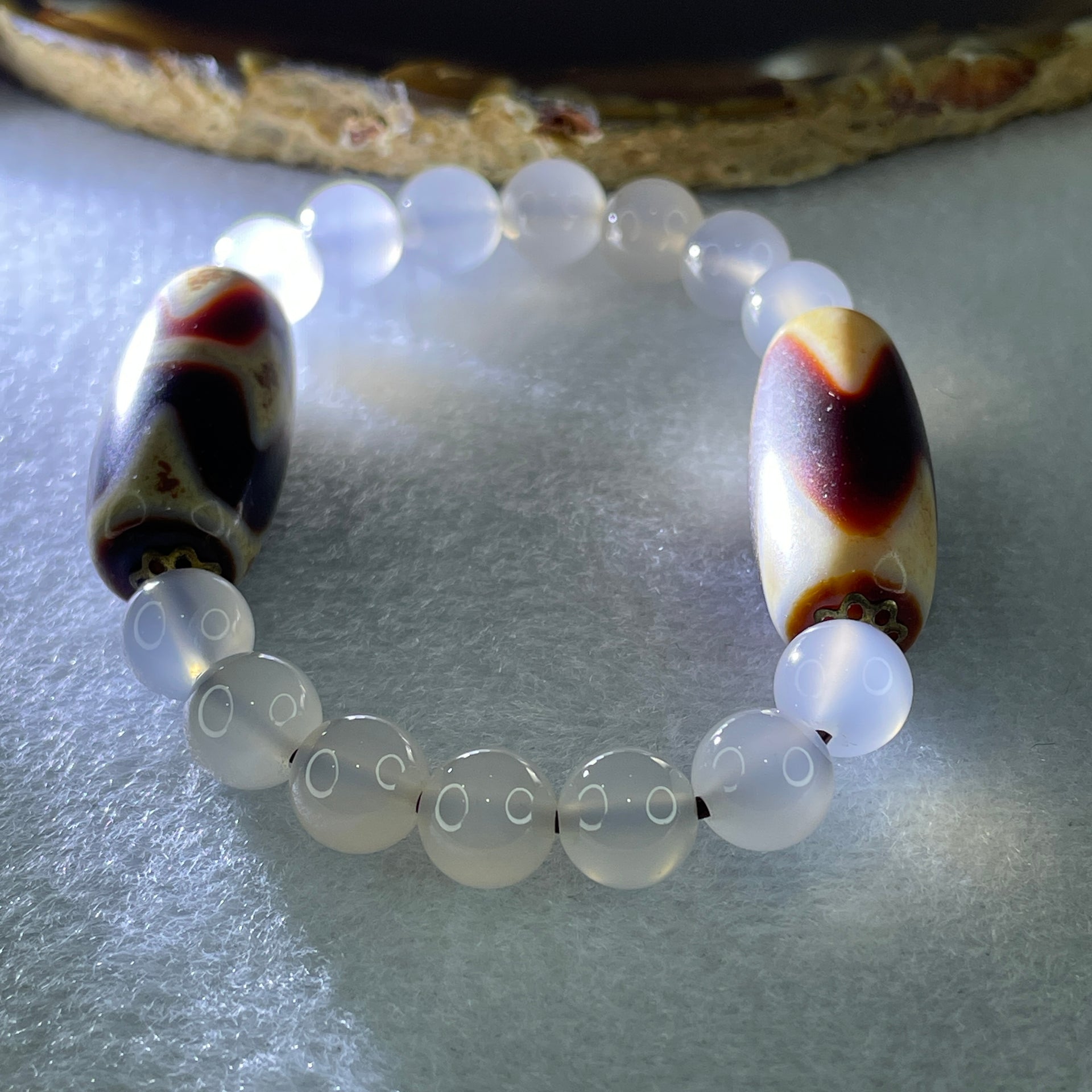 Natural Powerful Tibetan Old Oily Agate Tiger Tooth Daluo Dzi Bead Heavenly Master (Tian Zhu) with White Agate Beads Bracelet 24.84g 14cm 29.8 by 13.0mm Double Tiger Tooth - 29.5 by 12.3 Tiger Tooth - Huangs Jadeite and Jewelry Pte Ltd