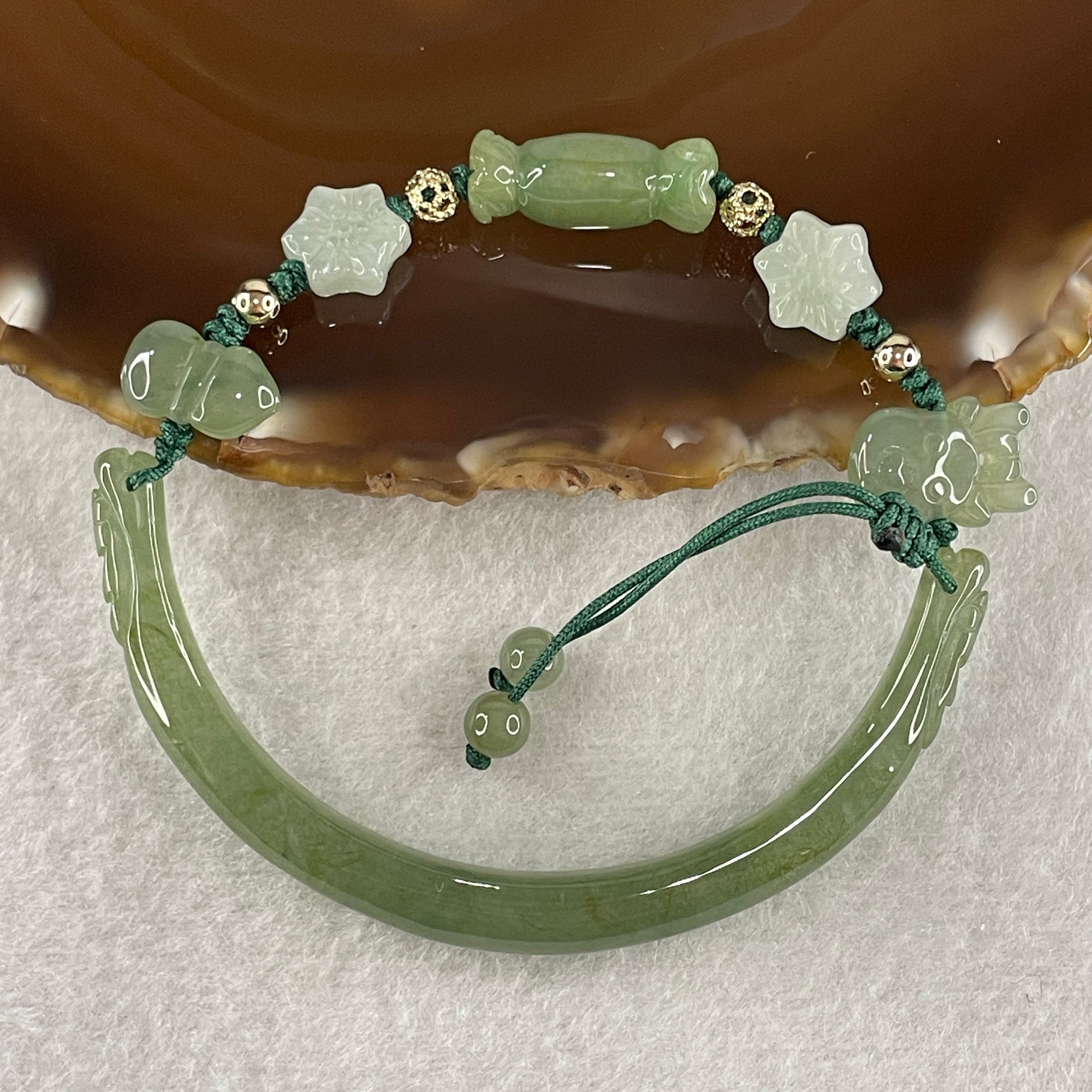Natural Type A Semi Icy Full Green Jadeite Double Dragon Head with Candy and Snow Man Charm Bracelet 15.89g 16cm 6.2 by 6.4mm - Huangs Jadeite and Jewelry Pte Ltd