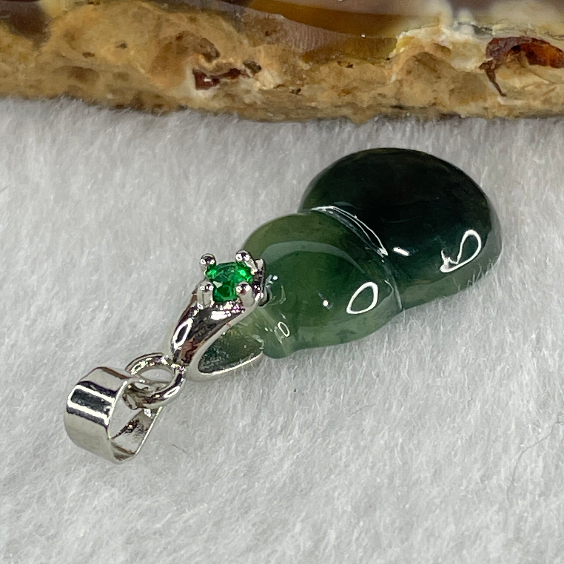 Natural Type A Semi Icy Dark Green Jadeite Calabash Hulu Pendant in Stainless Steel Clasp 1.69g 17.1 by 11.6 by 3.9mm - Huangs Jadeite and Jewelry Pte Ltd