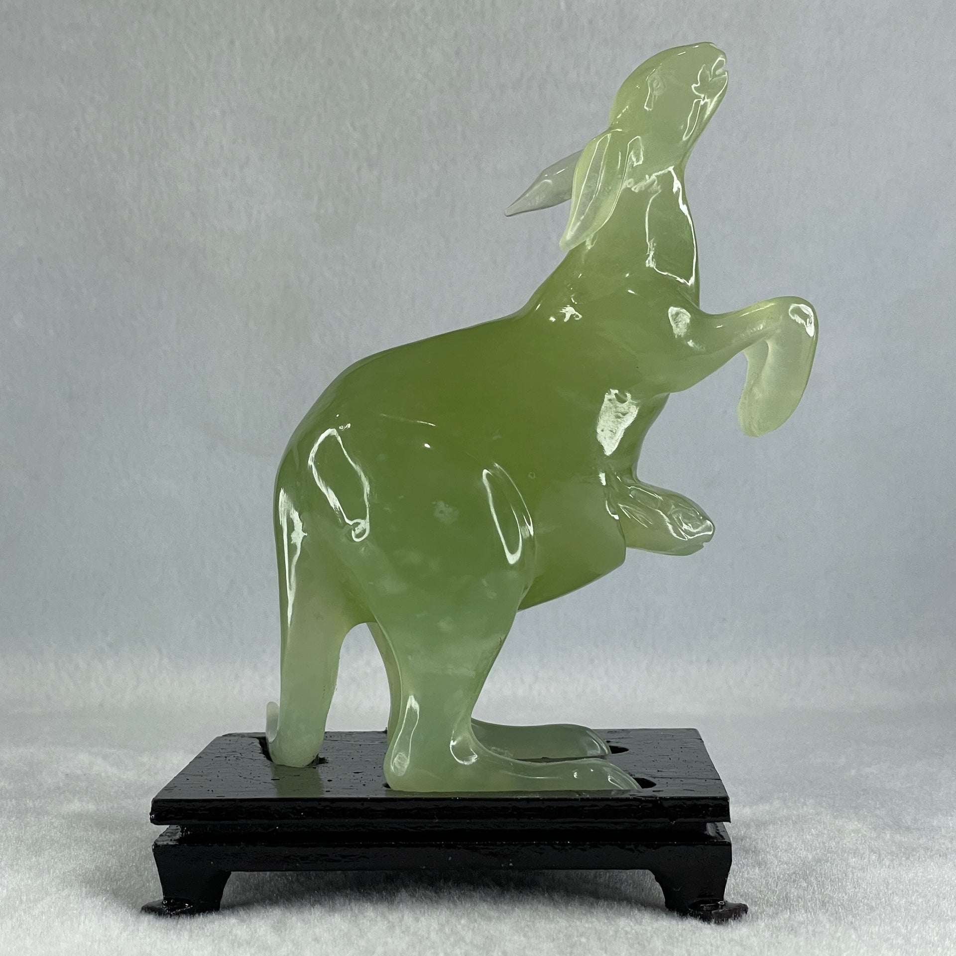 Natural Green Serpentine Kangaroo and Baby with Wooden Stand Display 374.2g 108.0 by 150.0 by 72.0mm - Huangs Jadeite and Jewelry Pte Ltd