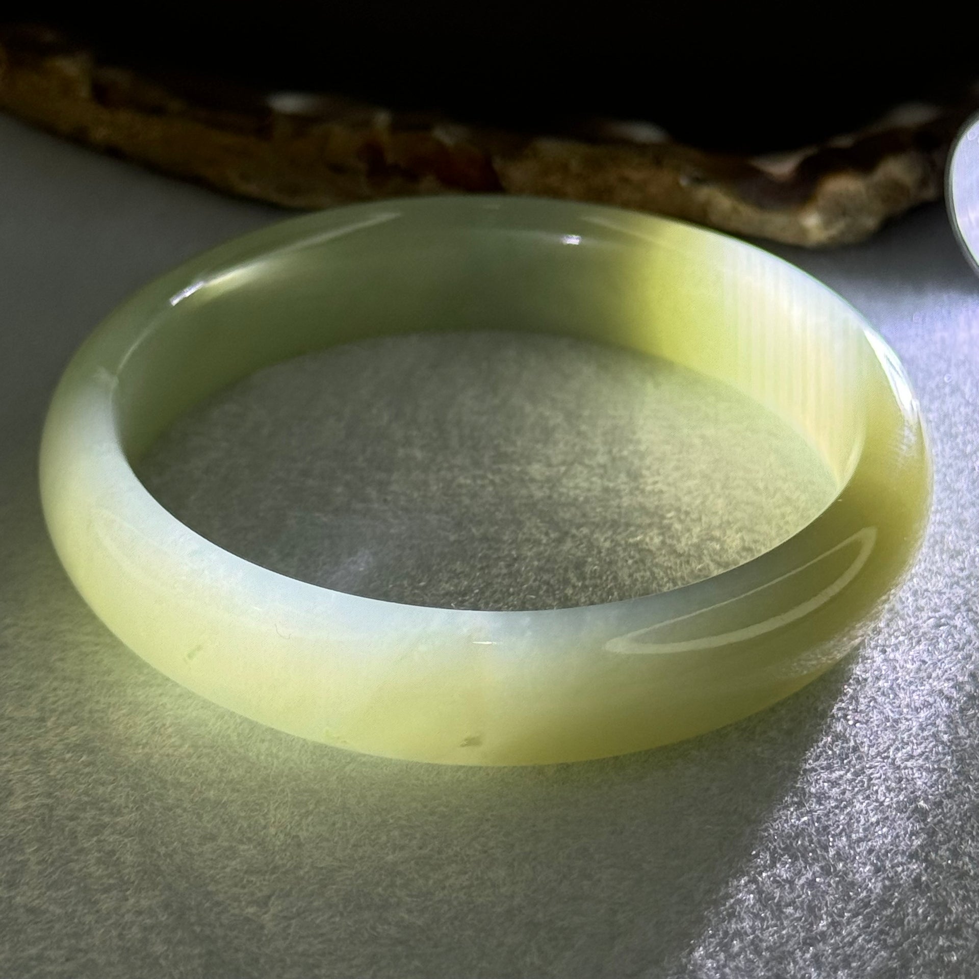 Type A Translucent Semi Icy Jelly Light Green Jadeite Bangle Internal Diameter 56.8mm 45.95g 12.6 by 7.0mm (Very Slight External Rough) - Huangs Jadeite and Jewelry Pte Ltd
