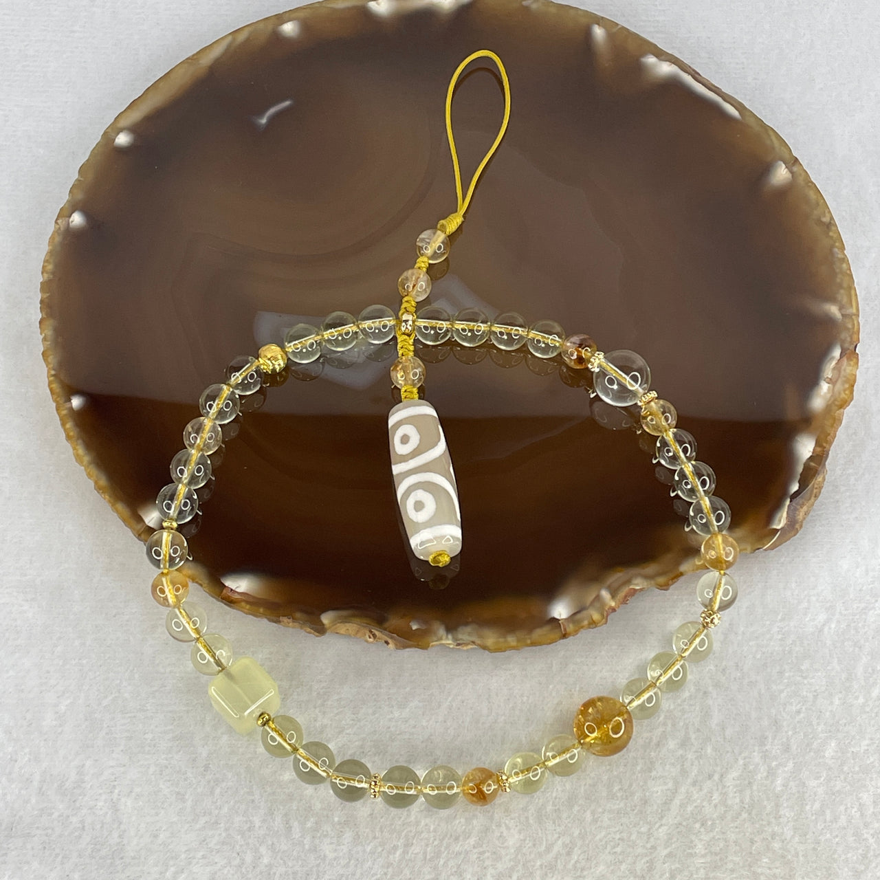 Natural Citrine & Clear Quartz Luxury Phone Strap | with Authentic 3-Eye Dzi Bead  30.1x10.8mm | Graded 7.5-10.8mm Crystals | Himalayan Wealth & Protection Statement Tech Charm (33.38g)