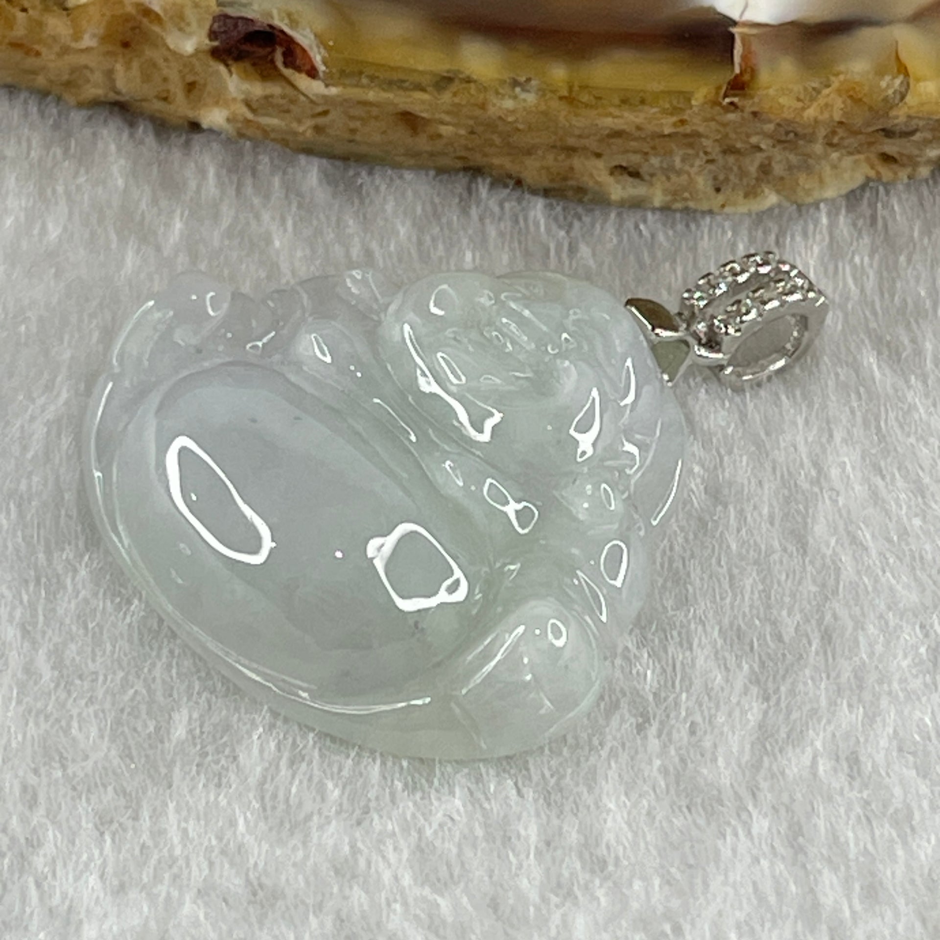 Natural Type A Light Lavender Jadeite Milo Buddha in S925 Silver and Cubic Zirconia Clasp Pendant 4.57g 20.4 by 24.8 by 6.0mm - Huangs Jadeite and Jewelry Pte Ltd
