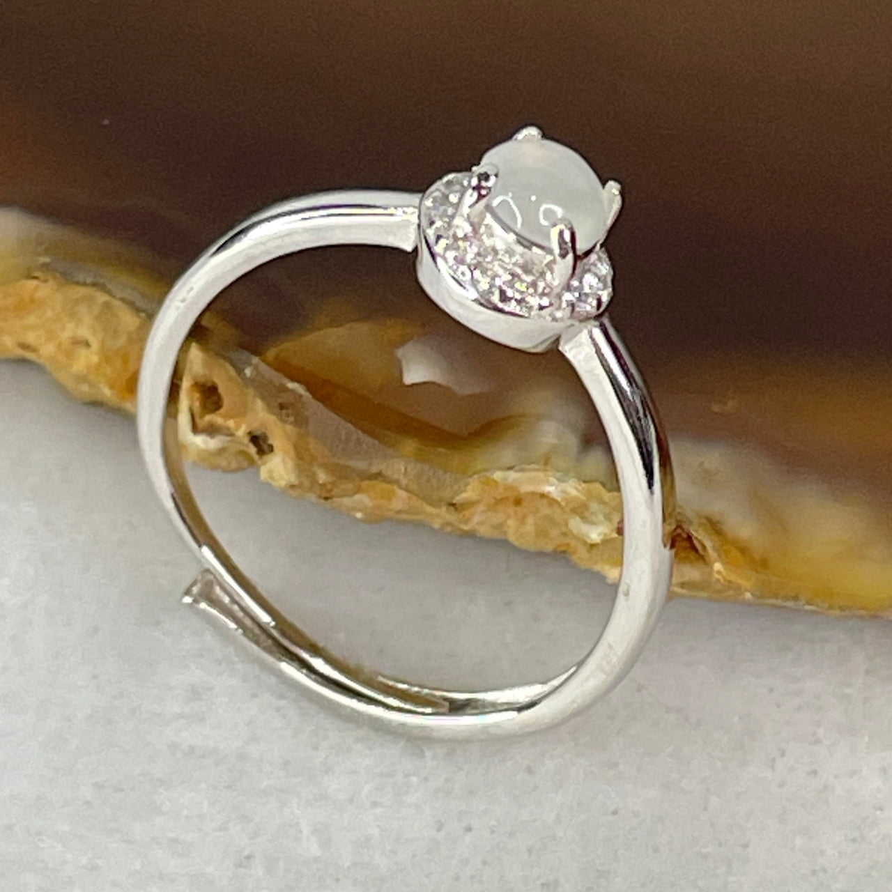 Type A Semi Icy Lavender Cabochon Jadeite in S925 Sliver Ring (Adjustable Size) 1.26g 4.0 by 2.0mm - Huangs Jadeite and Jewelry Pte Ltd