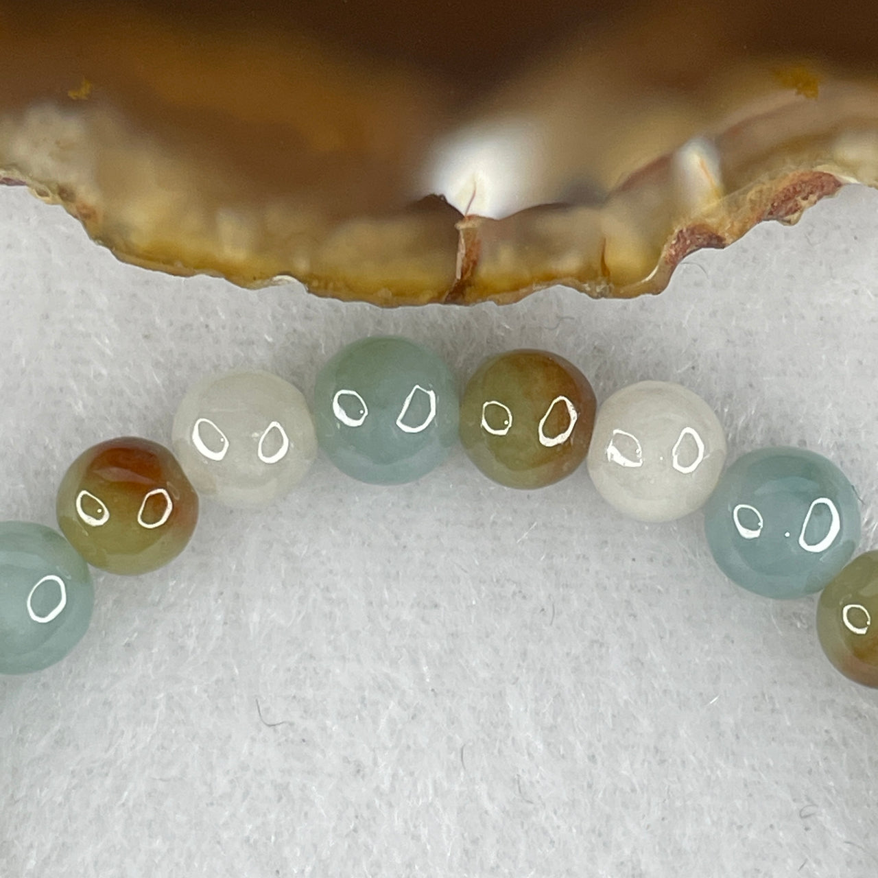 Natural Type A Tricolor Jadeite Bracelet | 15cm Small 6.6mm Round Light Blueish Green Brown White Earth & Sea Bead Strand (12.72g, 30 Beads)