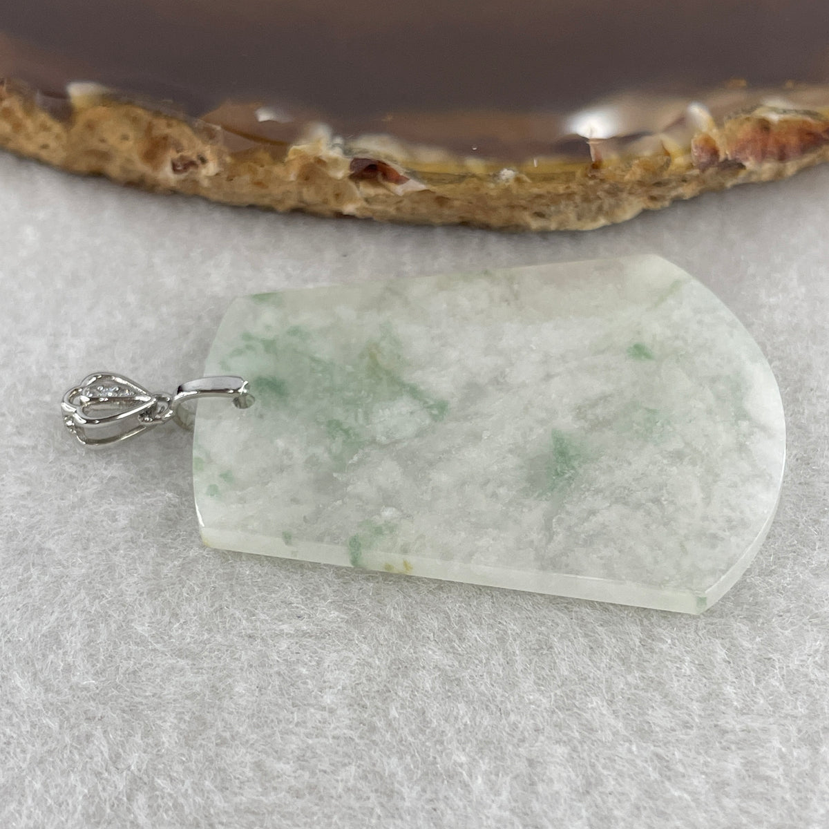 Natural Type A Semi-Icy White & Green Piao Hua Jadeite Wu Shi Pai Pendant in S925 Silver | Peace Plaque Talisman (10.79g | 43.8 x 35.7 x 2.5mm) - Huangs Jadeite and Jewelry Pte Ltd