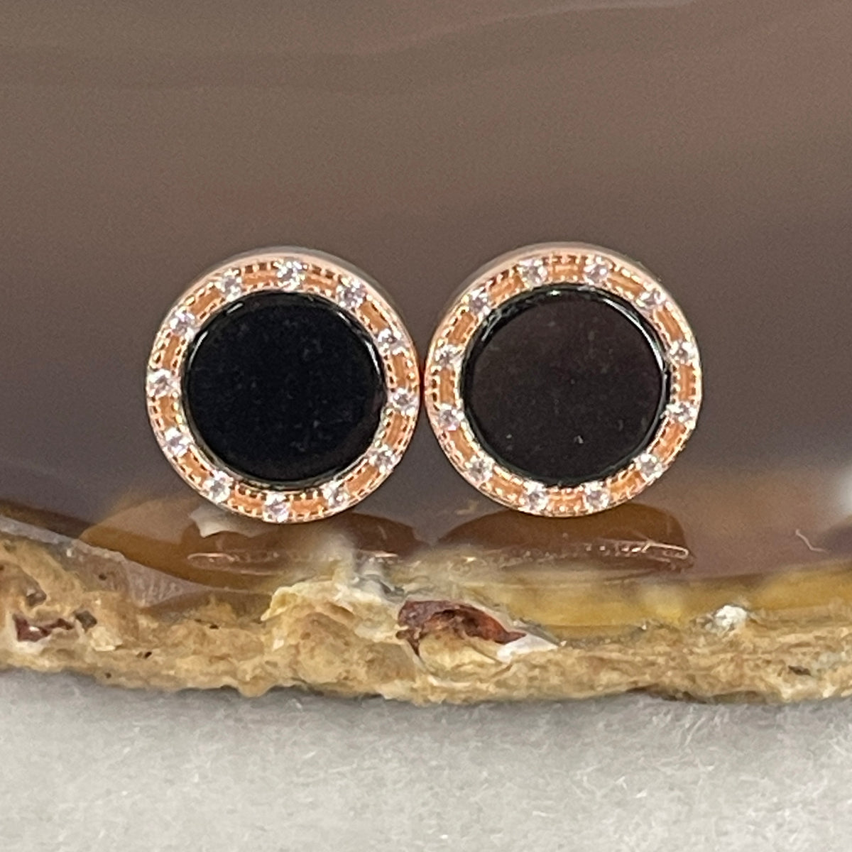 Certified Type A Black Omphacite Jadeite Round Earrings in S925 Gold Silver | (1.76g Total Weight | 8.0x1.5mm | S925 Silver Gold Color | Synergy, Negative Energy Shield, Wealth Retention & Regal Protection)