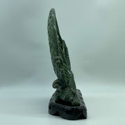 Natural Dark Green Nephrite 3 Prawns in Net with Wooden Display 2,568.0g 280.0 by 95.0 by 270.0mm - Huangs Jadeite and Jewelry Pte Ltd