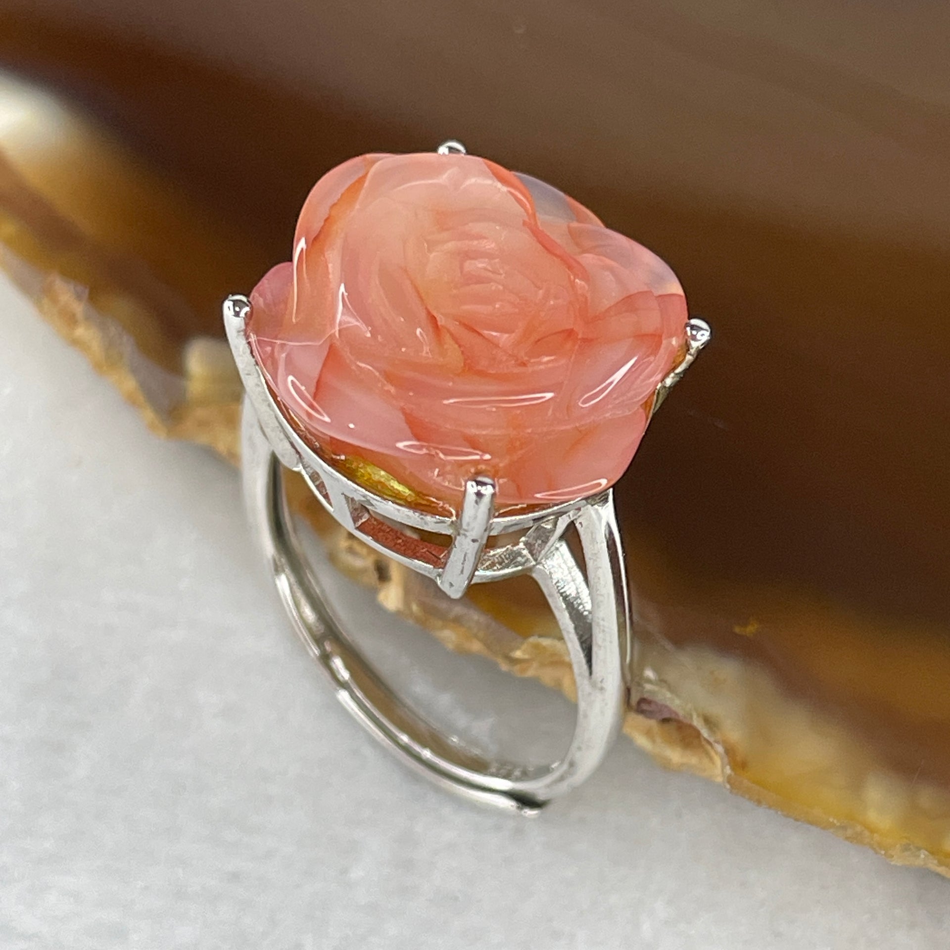 Natural Pink Agate Flower Ring in S925 Sliver 4.98g 16.7 by 15.4 by 8.5mm (Adjustable Size) - Huangs Jadeite and Jewelry Pte Ltd