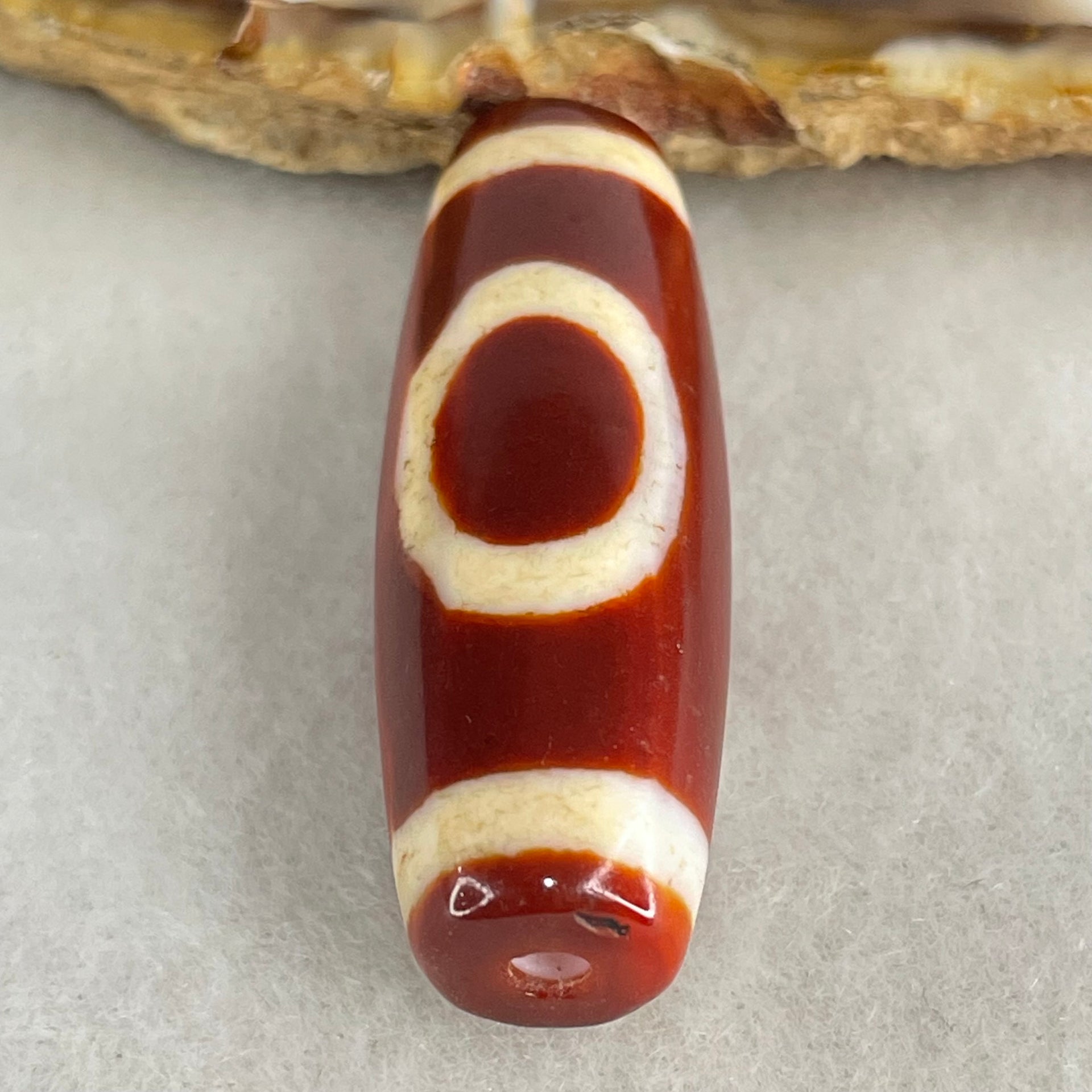 Natural Powerful Tibetan Old Oily Red White Agate One Eye Wood Element Dzi Bead Heavenly Master (Tian Zhu) 一眼木元素天珠 9.65g 37.5 by 12.9mm - Huangs Jadeite and Jewelry Pte Ltd