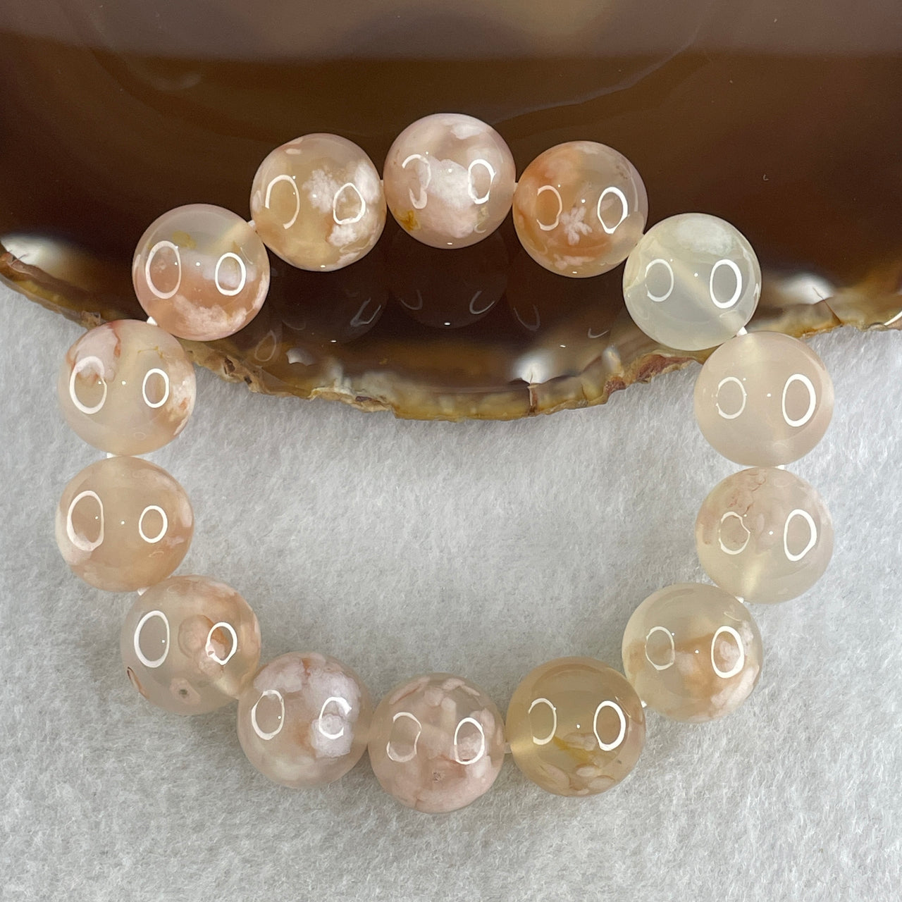 Natural Pinkis Flower Agate Beads Bracelet 59.40g 16cm 14.7mm 14 Beads - Huangs Jadeite and Jewelry Pte Ltd