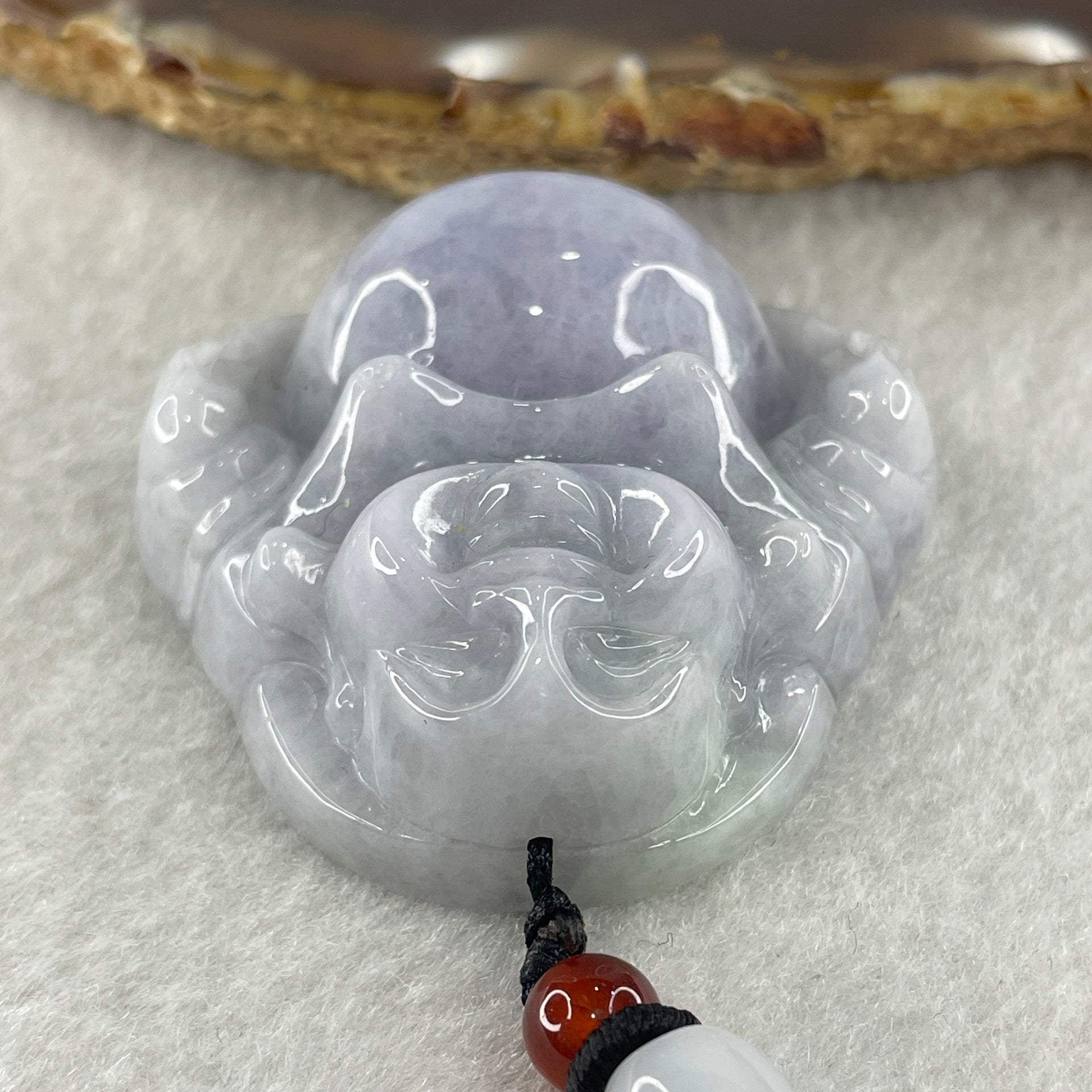 Natural Type A Lavender with Green Spots Jadeite Milo Laughing Buddha Pendant 45.90g 42.3 by 42.9 by 15.8mm - Huangs Jadeite and Jewelry Pte Ltd
